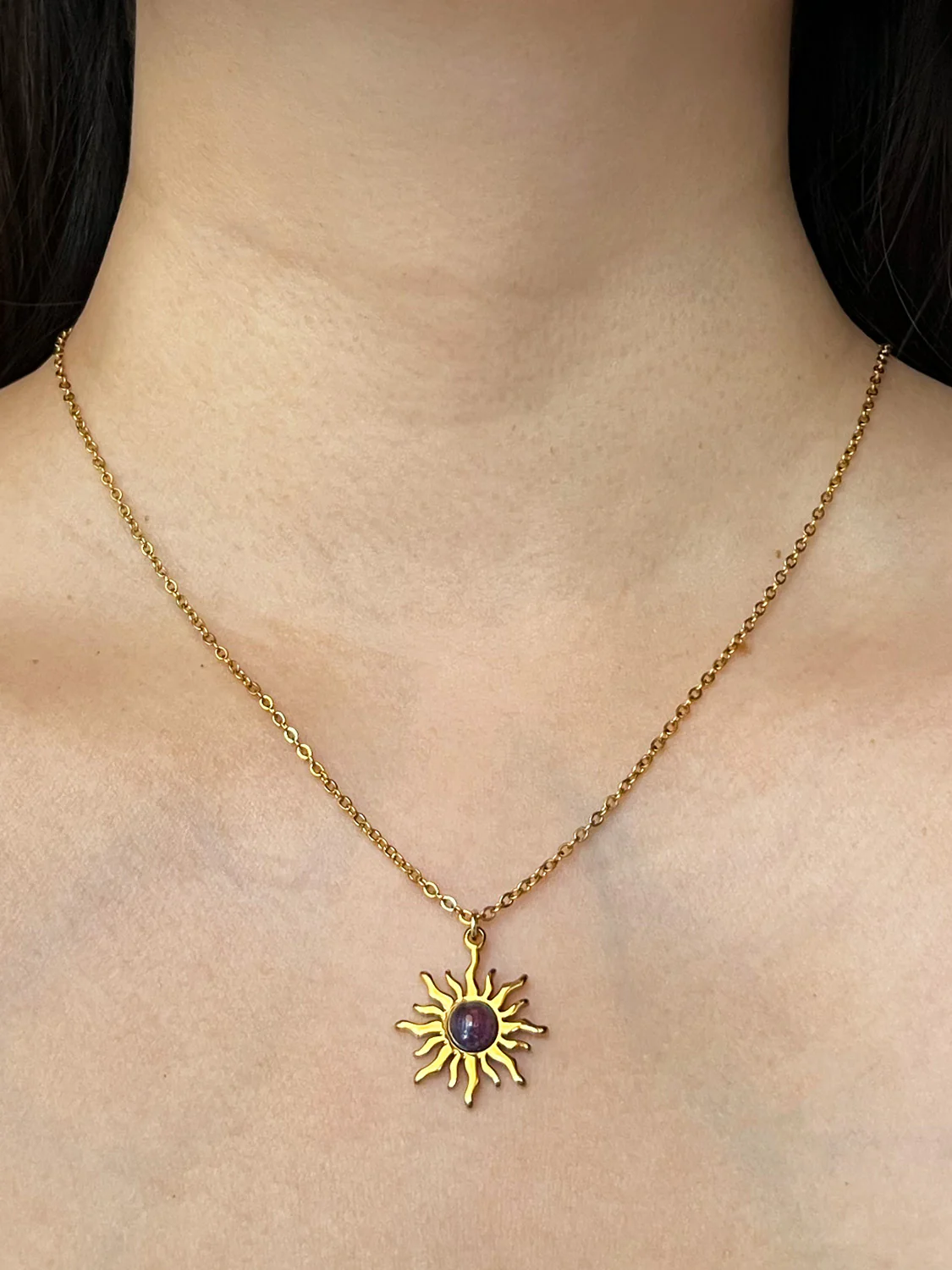 Amethyst Sun Pendant Necklace - Stainless Steel, Gold - Image 2
