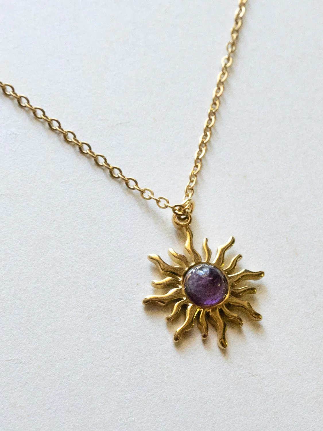 Amethyst Sun Pendant Necklace - Stainless Steel, Gold - Image 3
