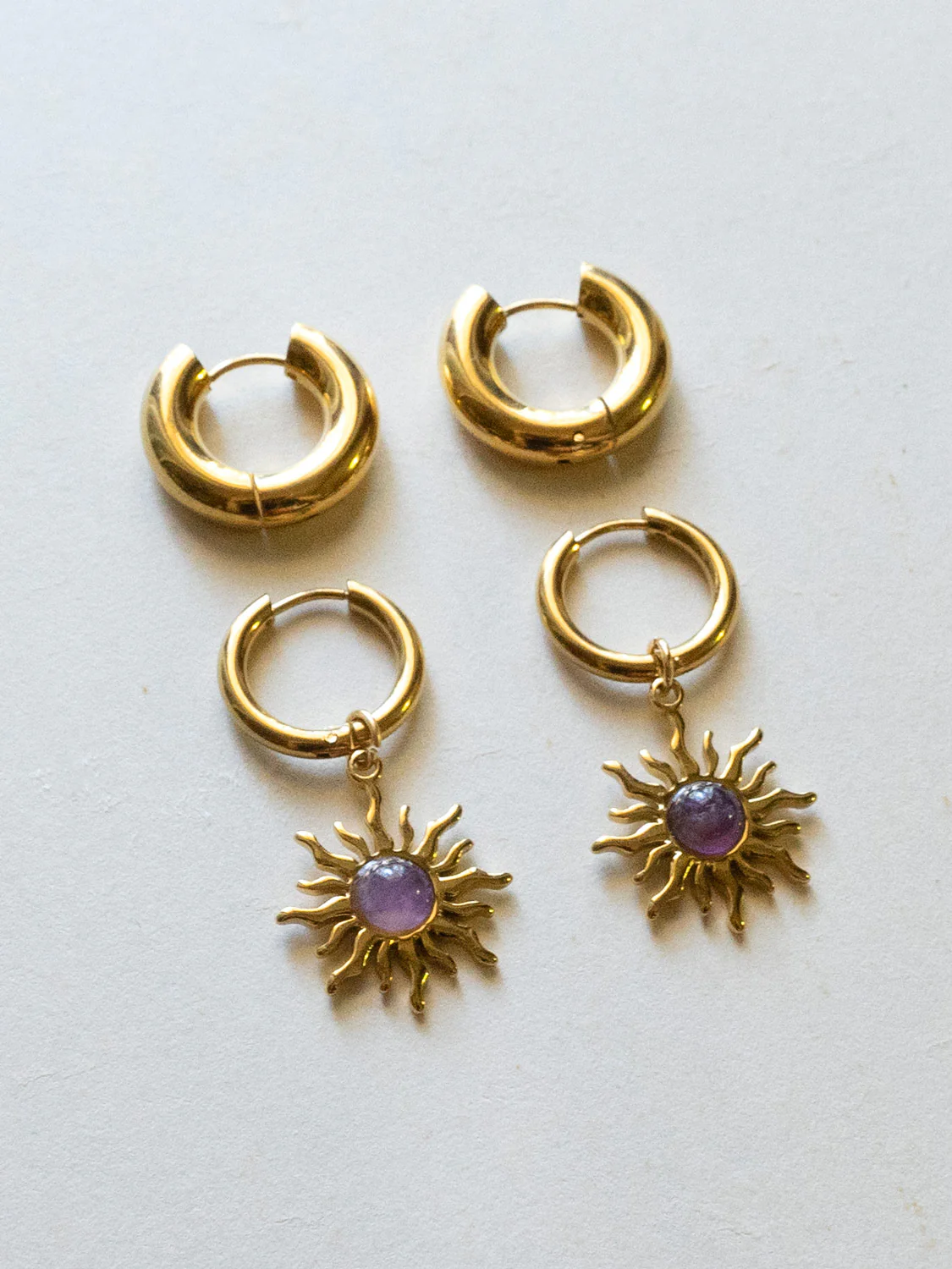 Amethyst Sun Pendant Necklace - Stainless Steel, Gold - Image 5