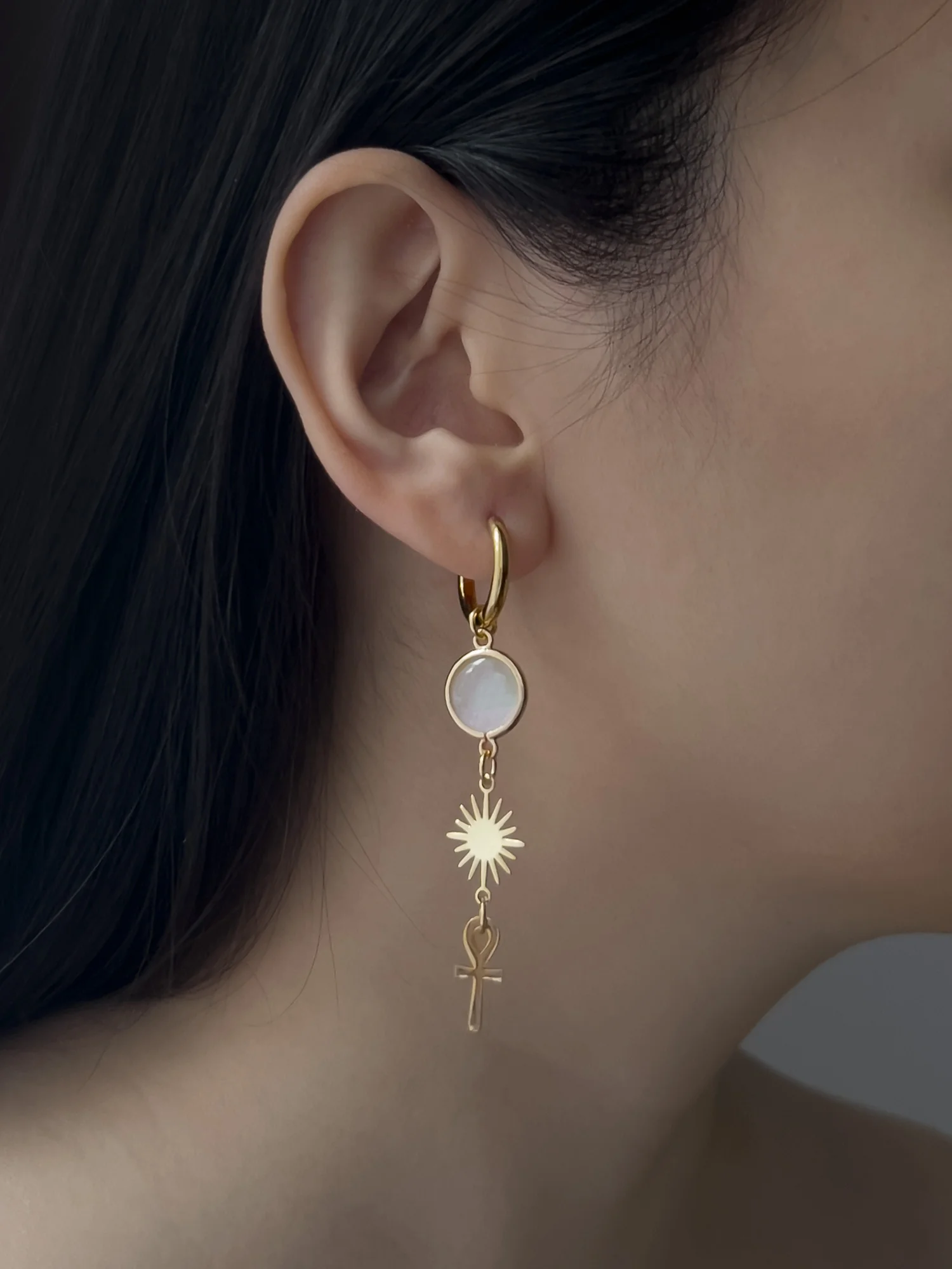 Ankh and Crescent Moon Mismatched Hoops - Image 3