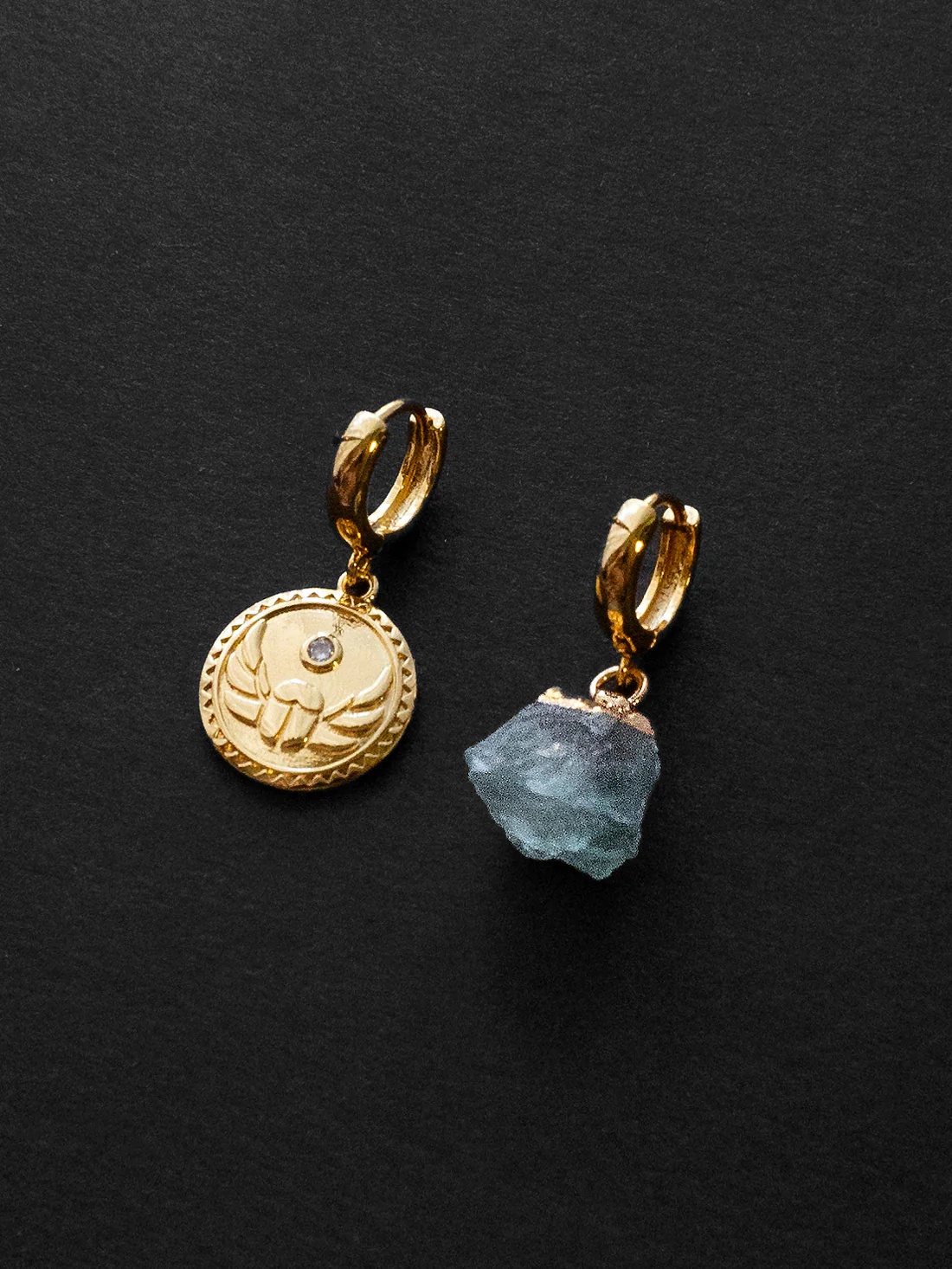 Aquamarine Stone & Scarab Mismatched Huggies - Image 2