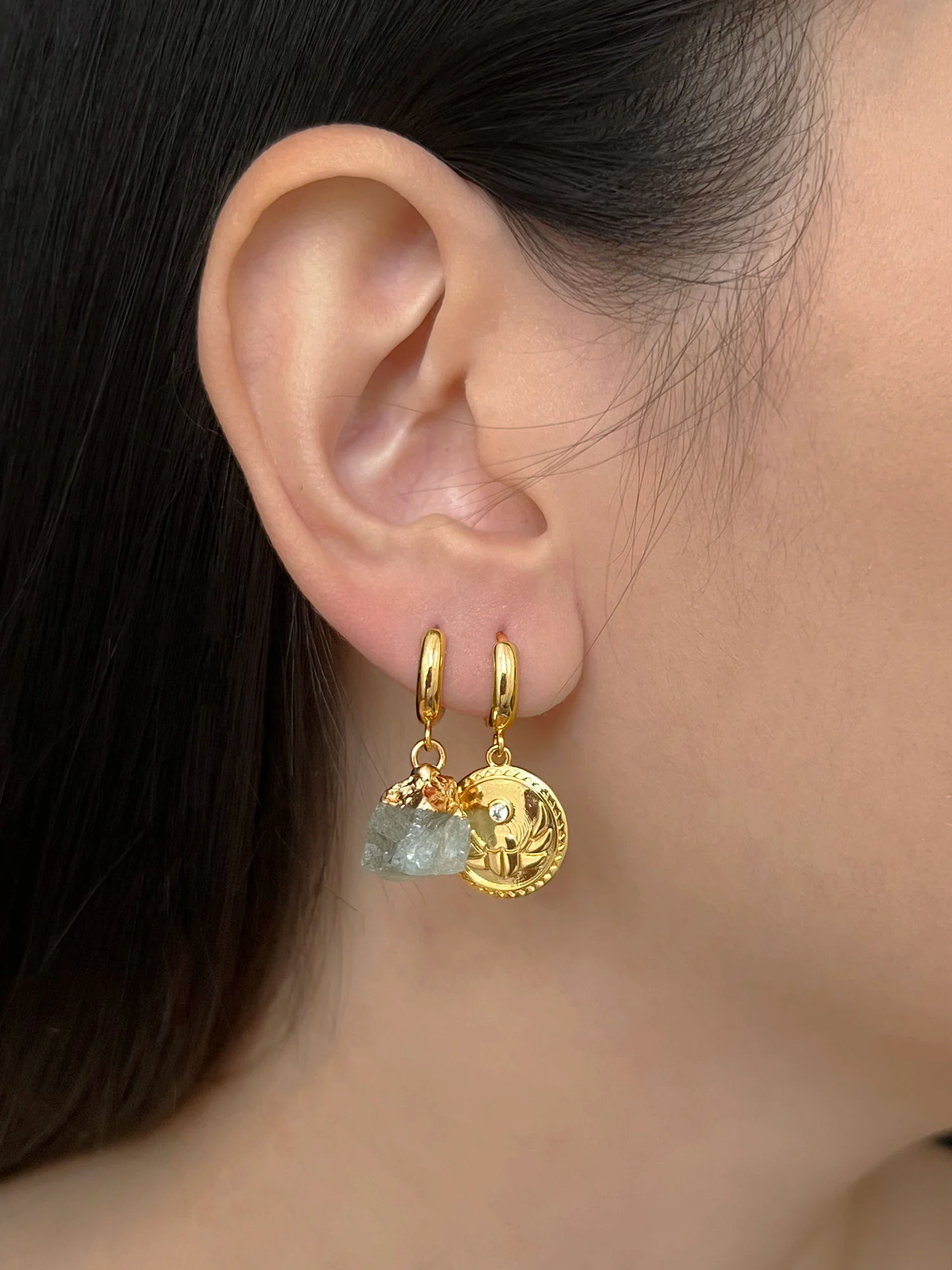 Aquamarine Stone & Scarab Mismatched Huggies - Image 3