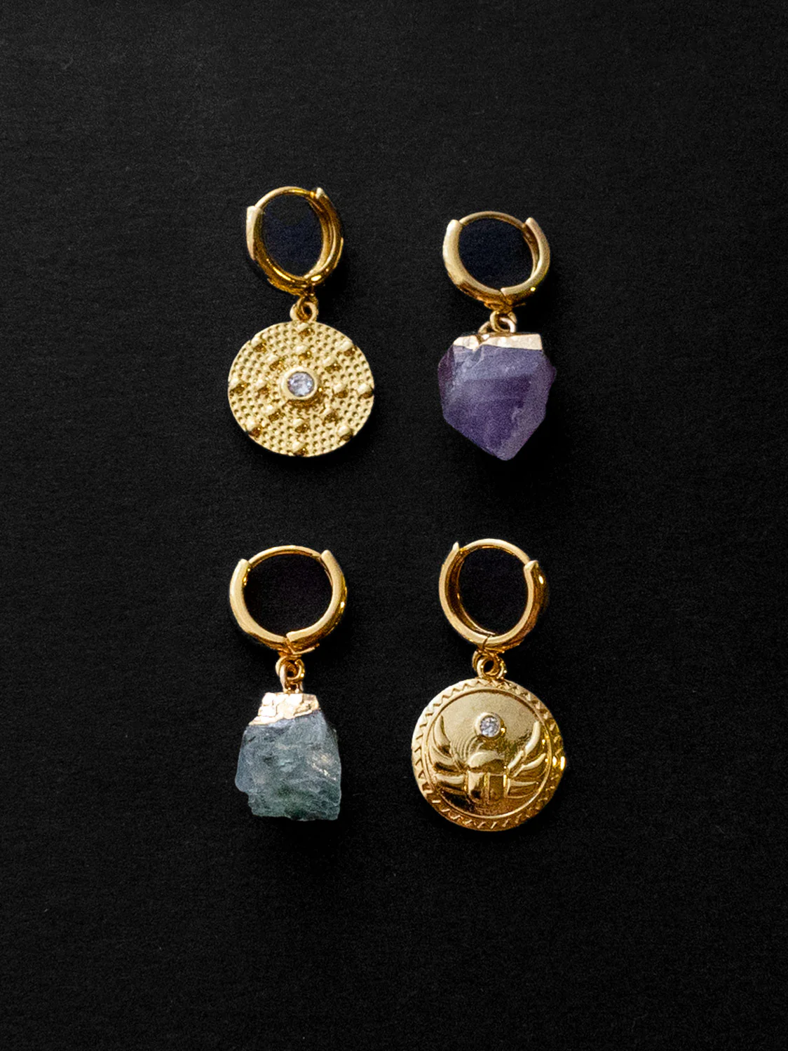 Aquamarine Stone & Scarab Mismatched Huggies - Image 4