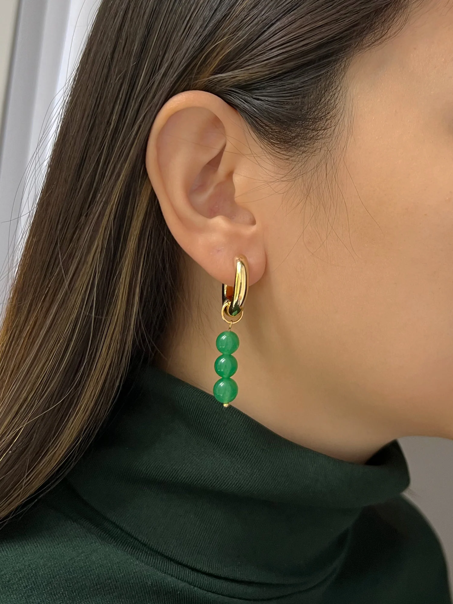 Asymmetrical Hoops with Natural Stones - Green - Image 4