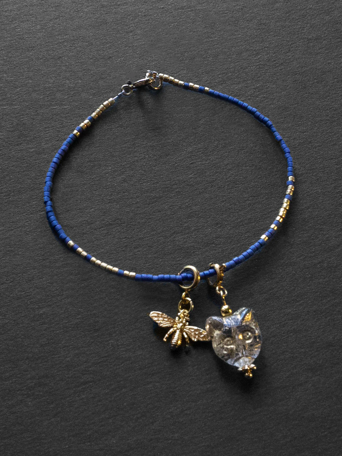 Beaded Bracelet Dark Blue - Cat, Bee - Image 2