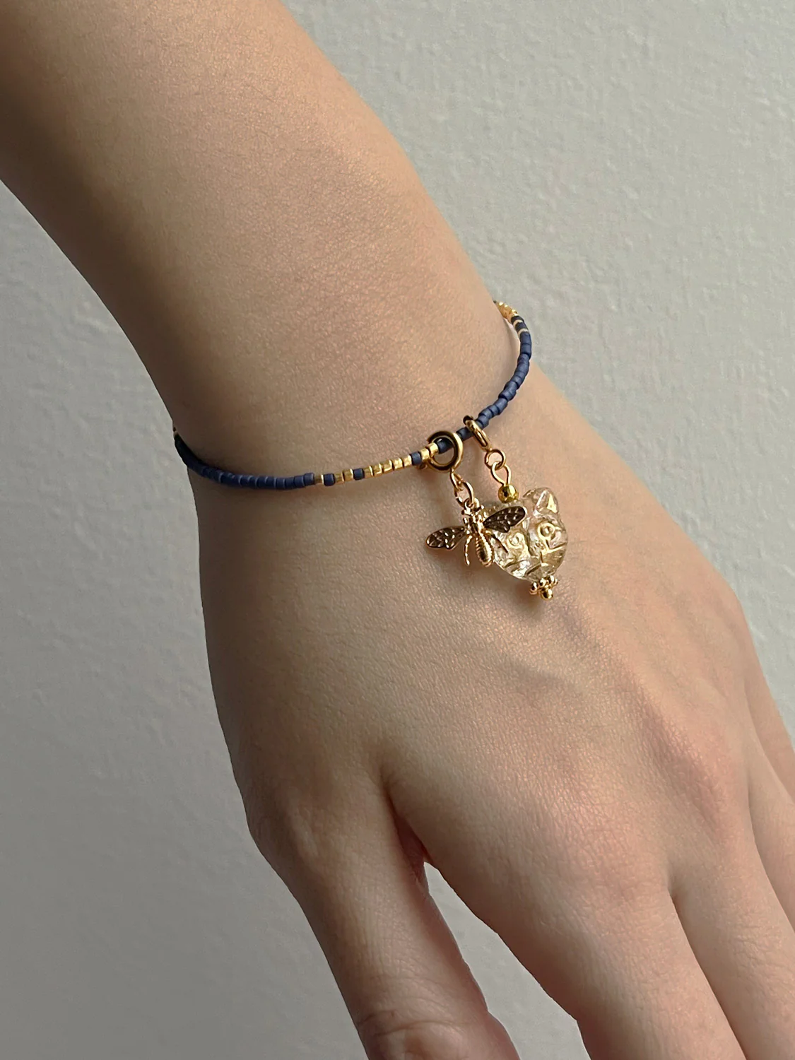 Beaded Bracelet Dark Blue - Cat, Bee - Image 3