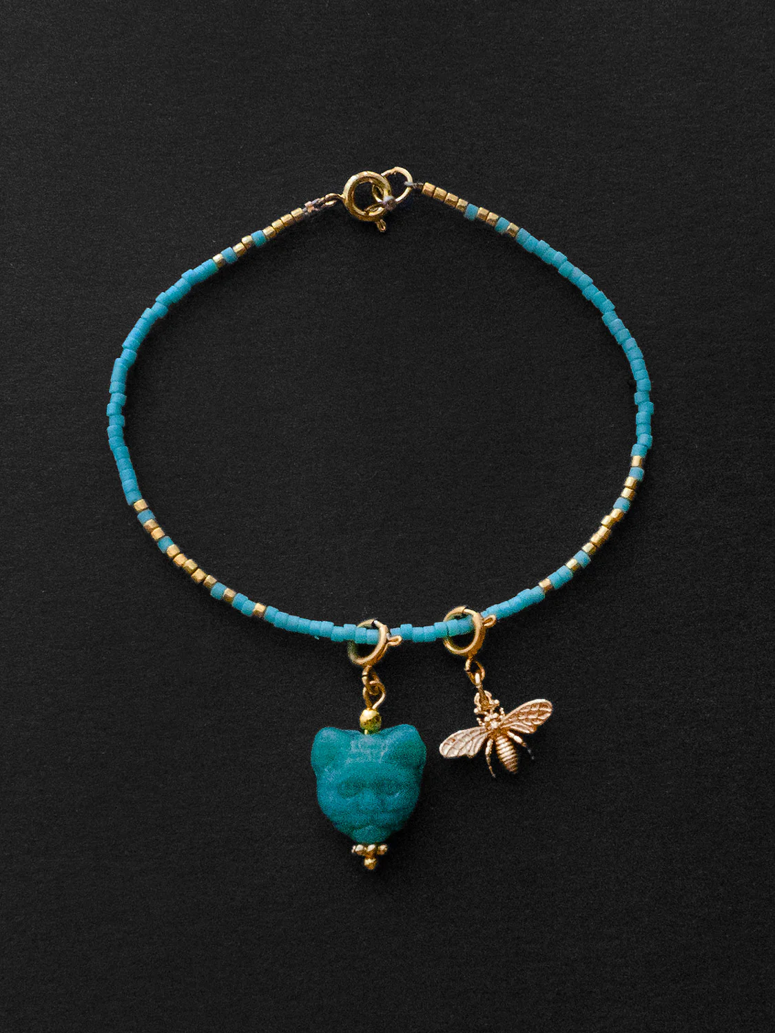 Beaded Bracelet - Turquoise Glass Cat, Gold Bee