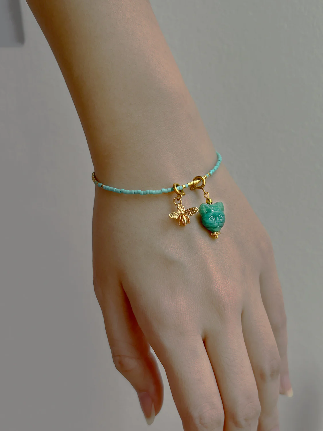 Beaded Bracelet - Turquoise Glass Cat, Gold Bee - Image 2