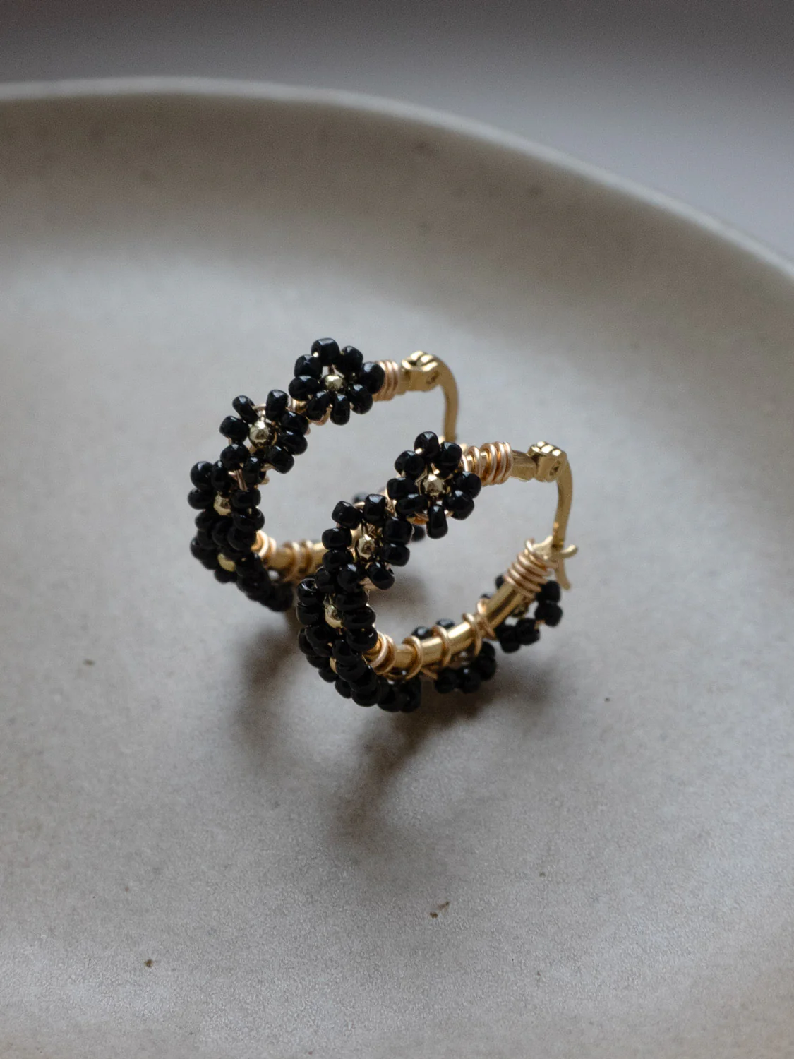 Beaded Flower Hoops - Black - Image 3