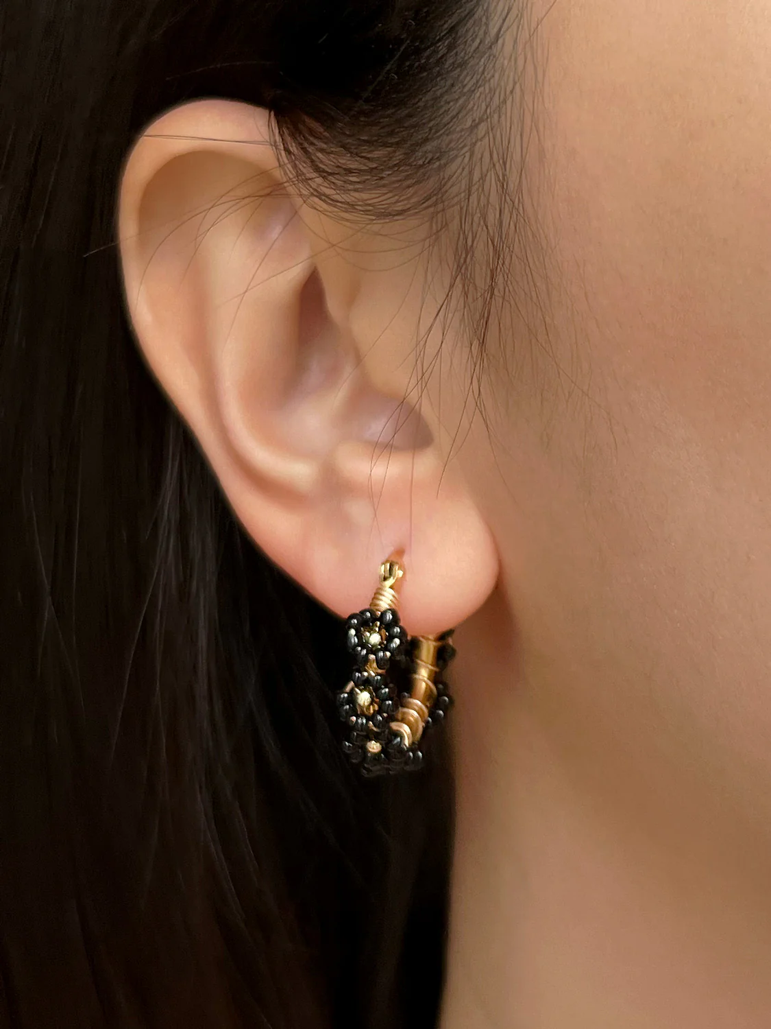 Beaded Flower Hoops - Black - Image 4