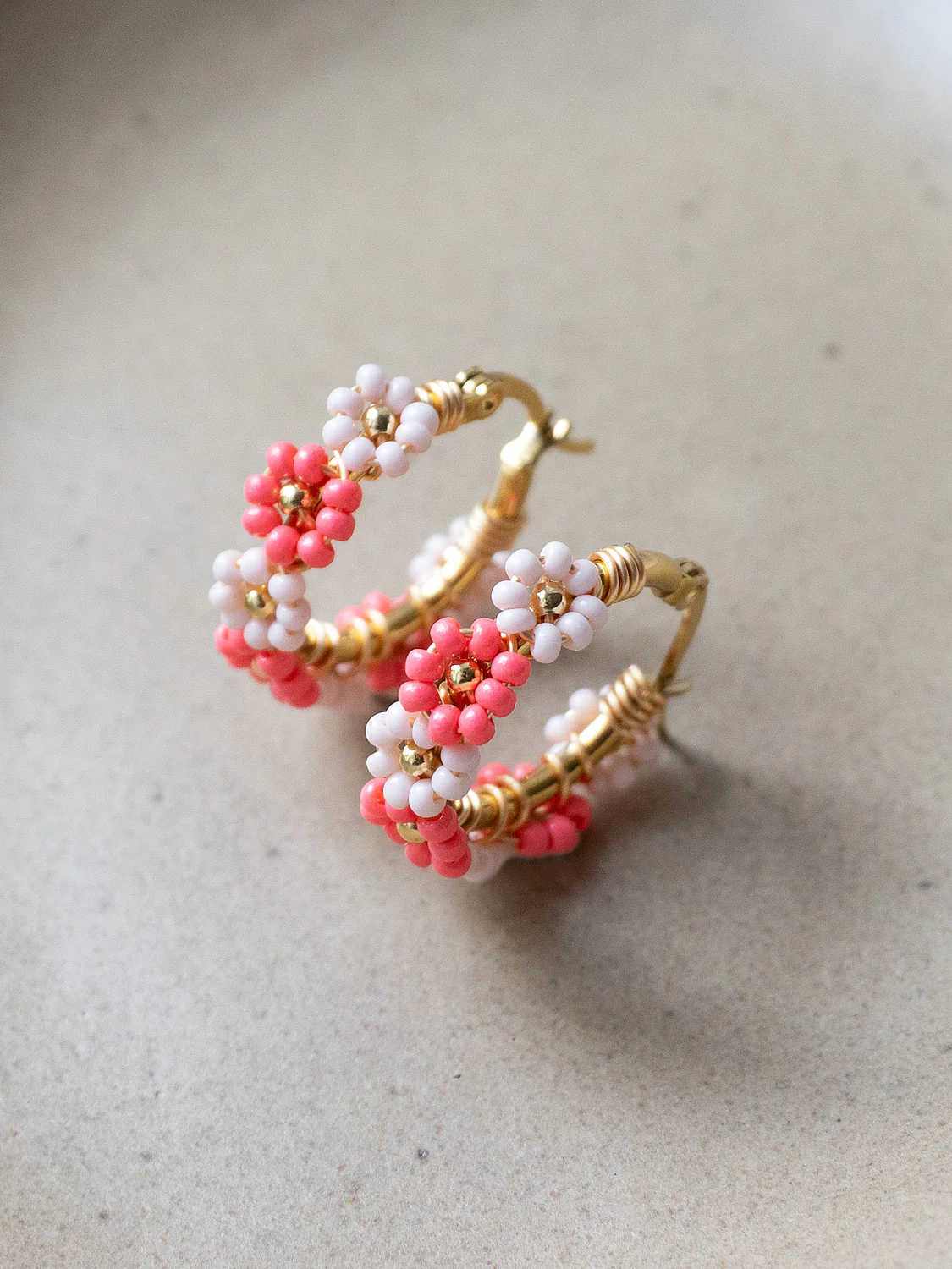Beaded Flower Hoops - Multi-Pink