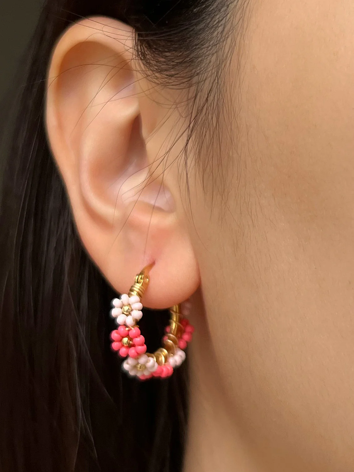 Beaded Flower Hoops - Multi-Pink - Image 2