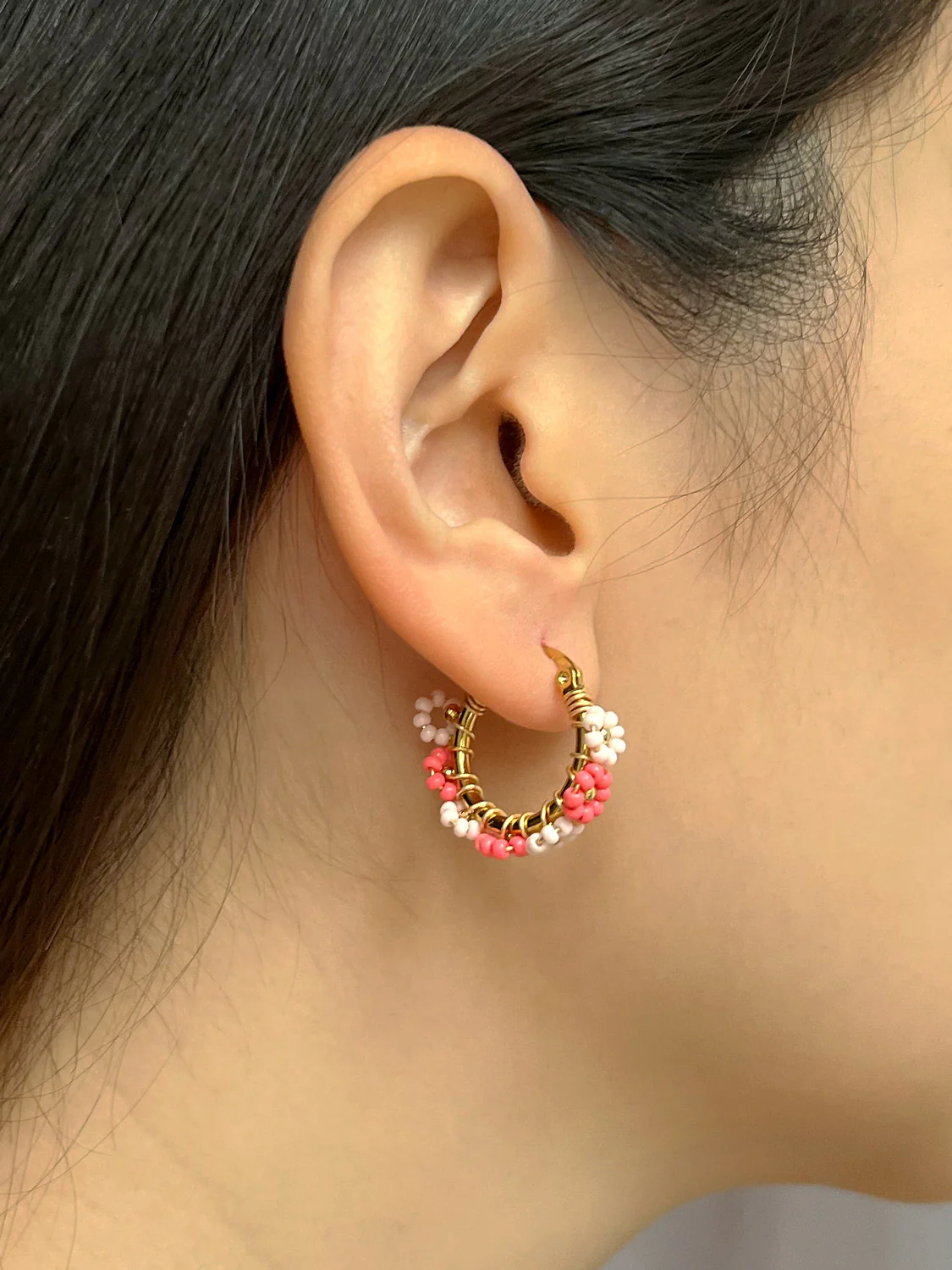 Beaded Flower Hoops - Multi-Pink - Image 4