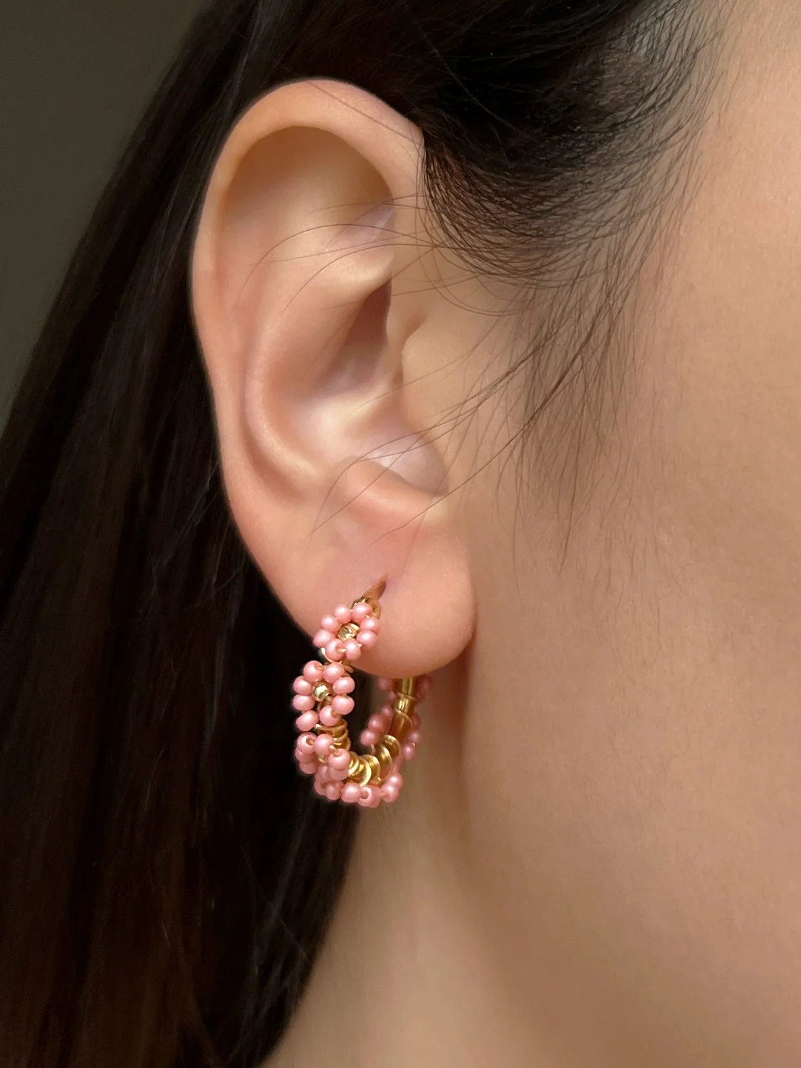 Beaded Flower Hoops - Pink - Image 3