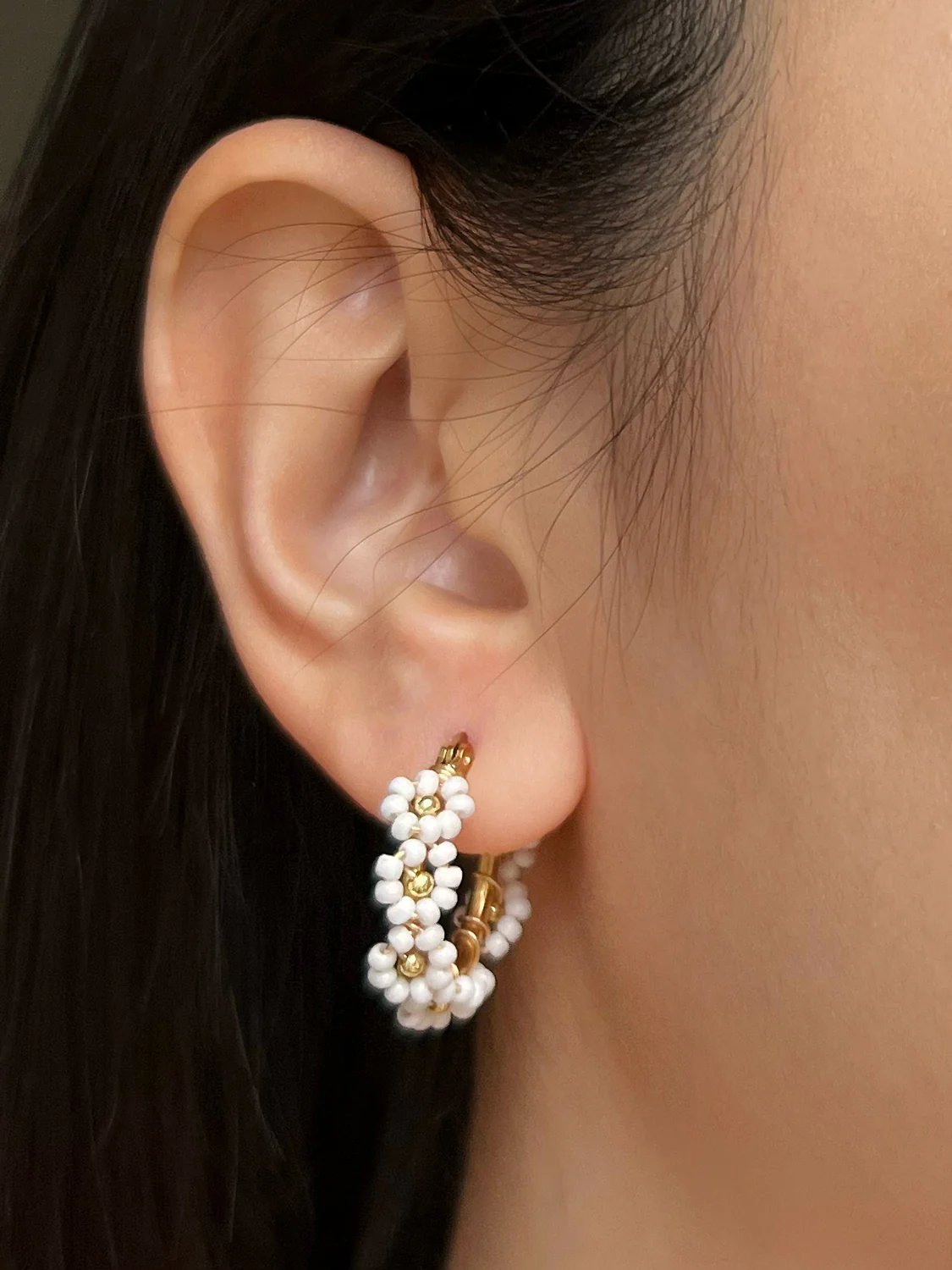 Beaded Flower Hoops - White - Image 3