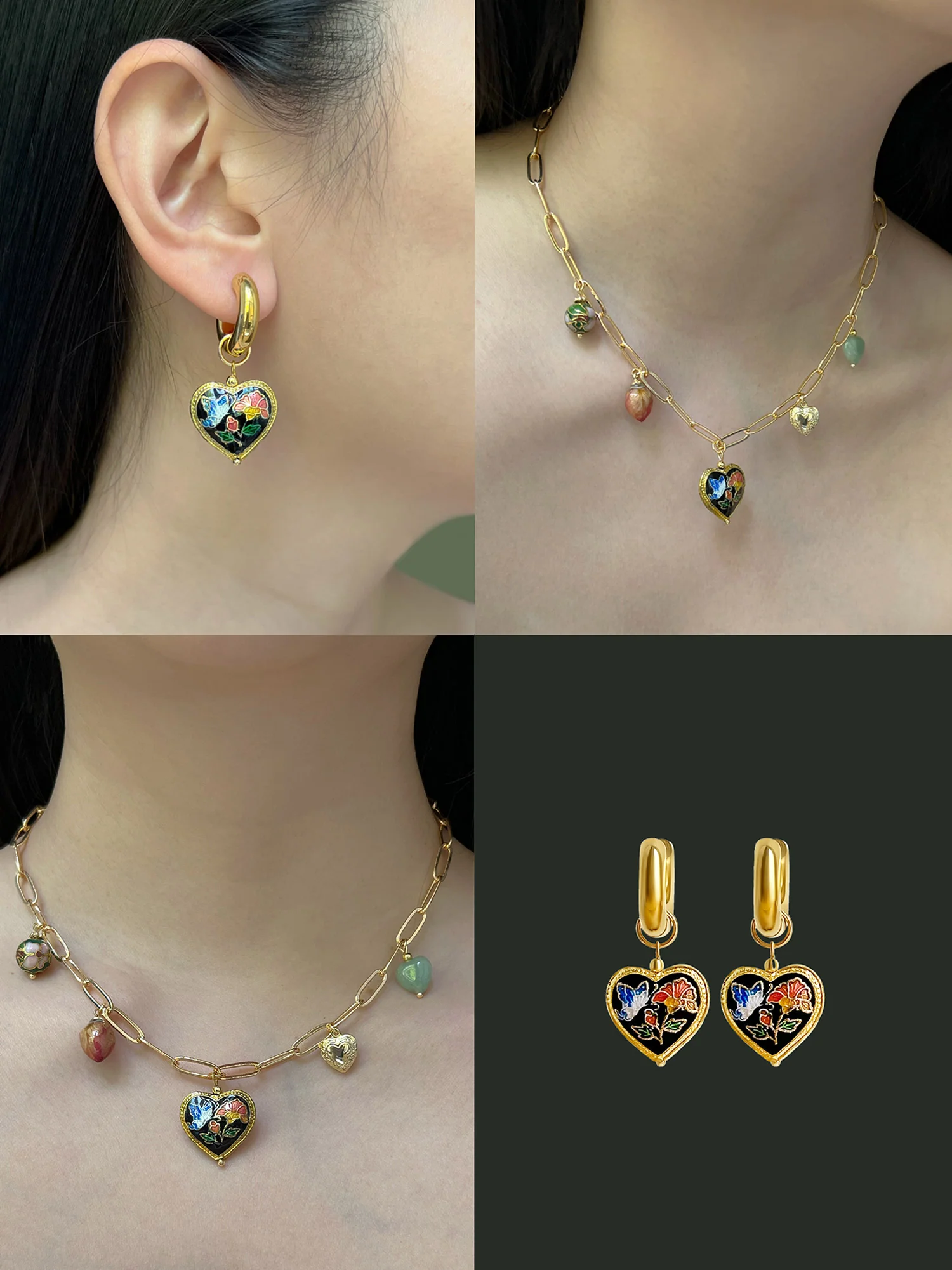 Heart Cloisonne Charm Necklace - Black Heart/Dried Rose - Image 4