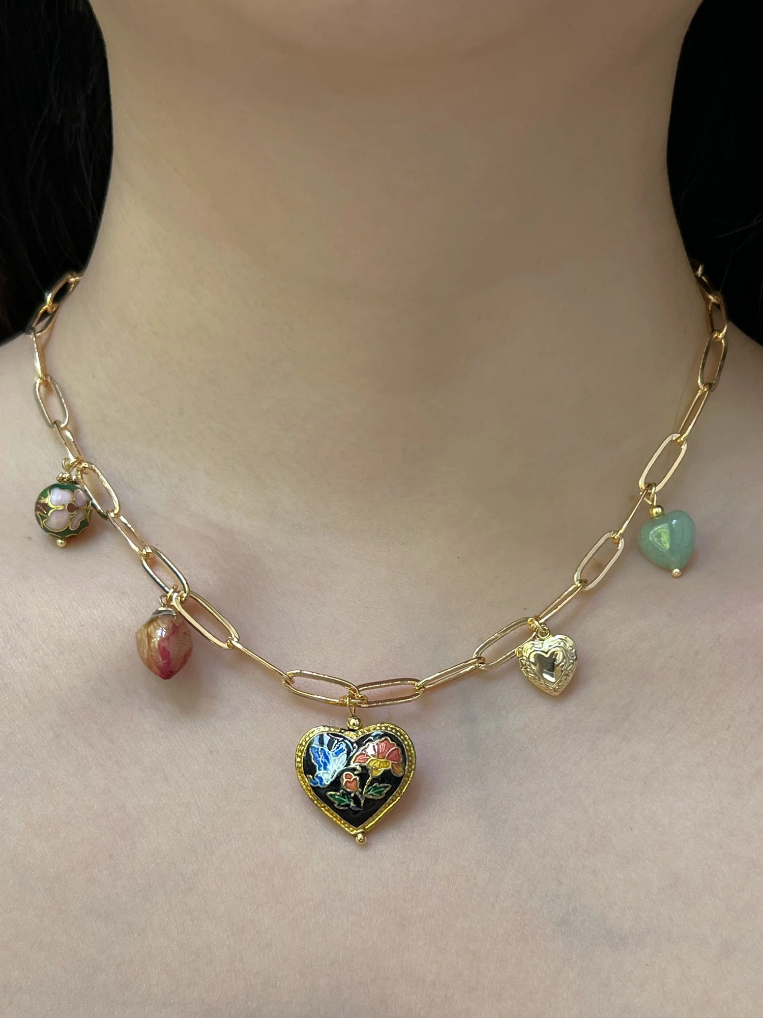Heart Cloisonne Charm Necklace - Black Heart/Dried Rose - Image 3