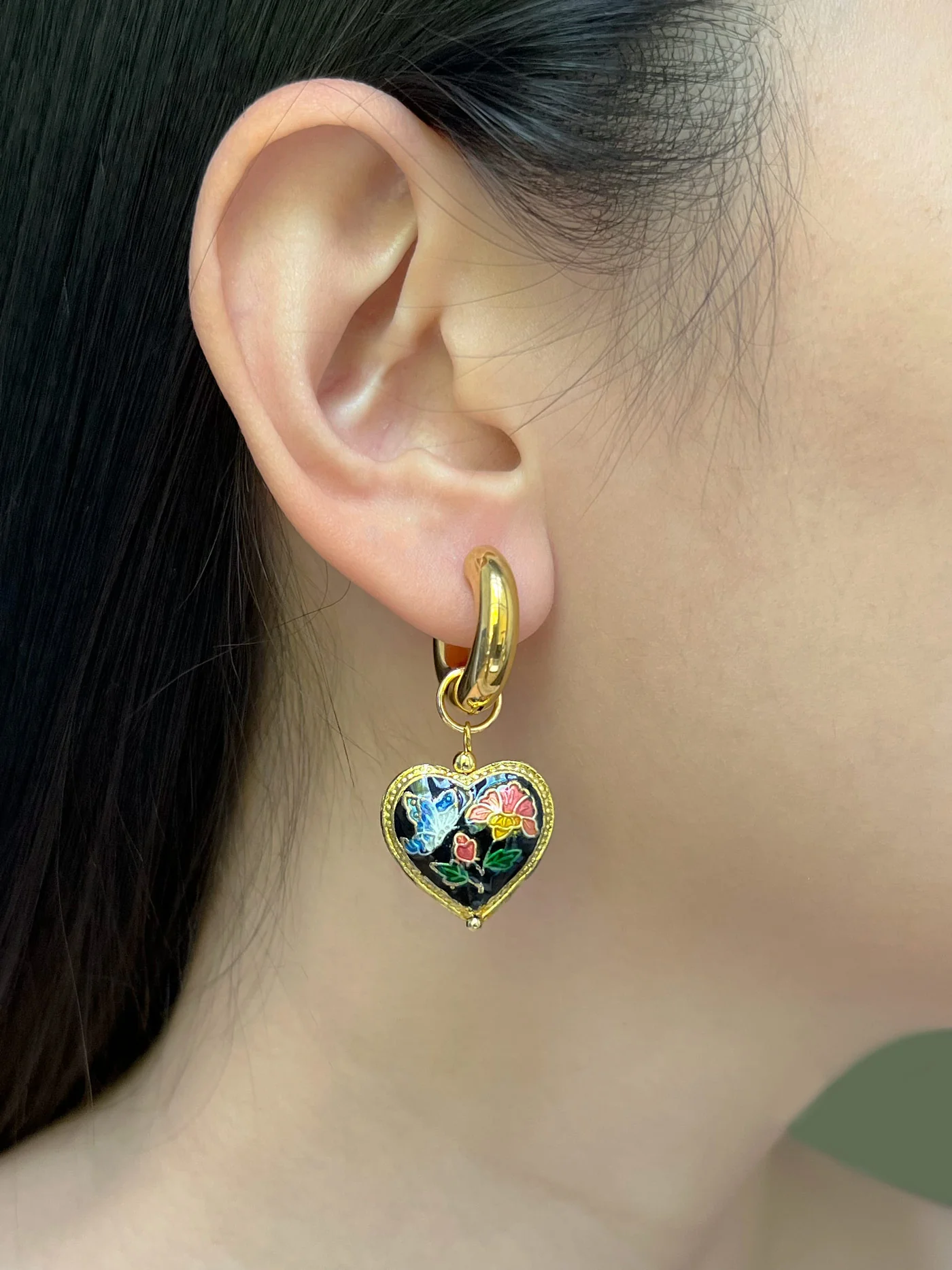 Black Cloisonne Heart Chunky Gold Hoops - Image 4