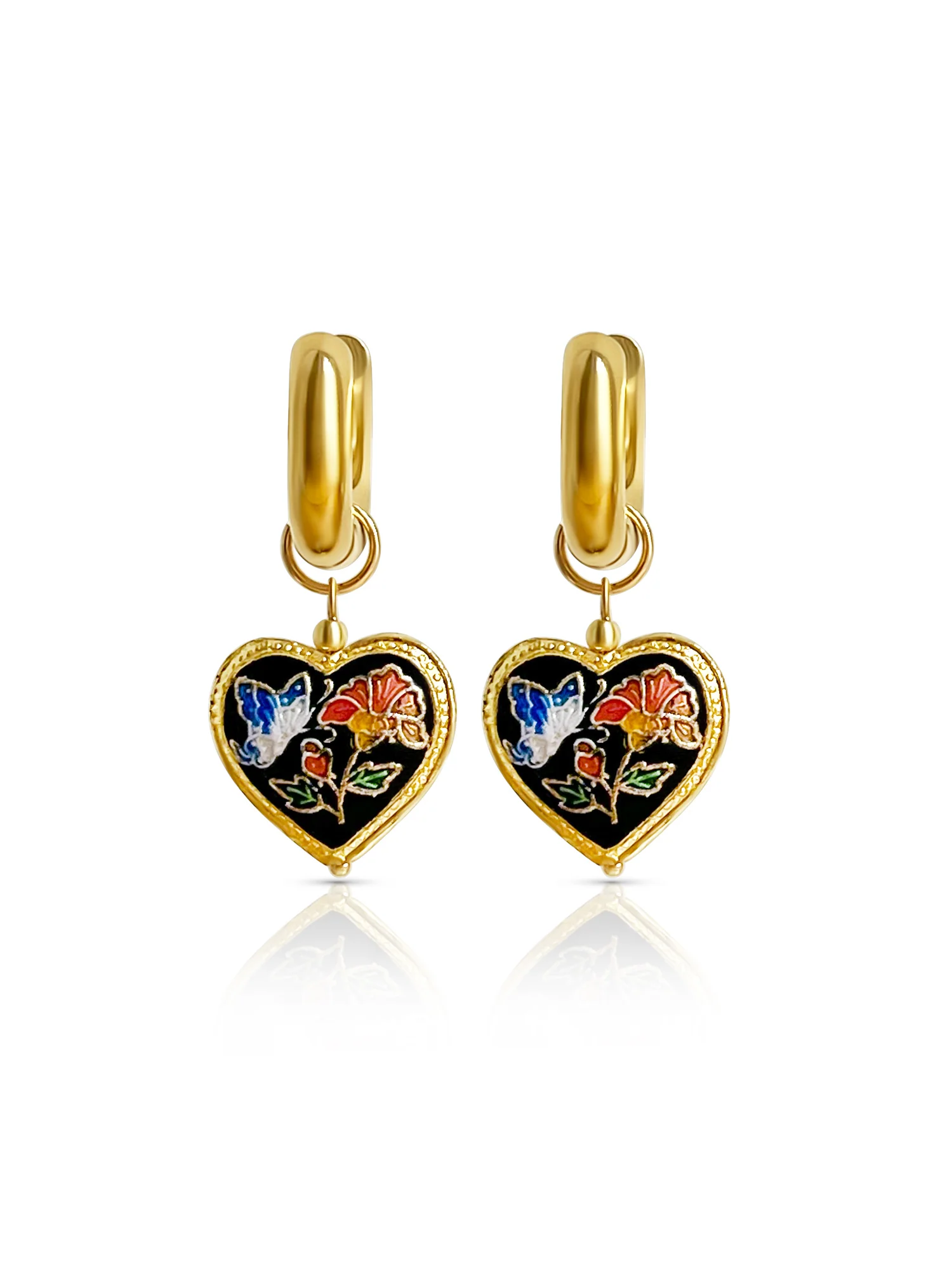 Black Cloisonne Heart Chunky Gold Hoops - Image 6