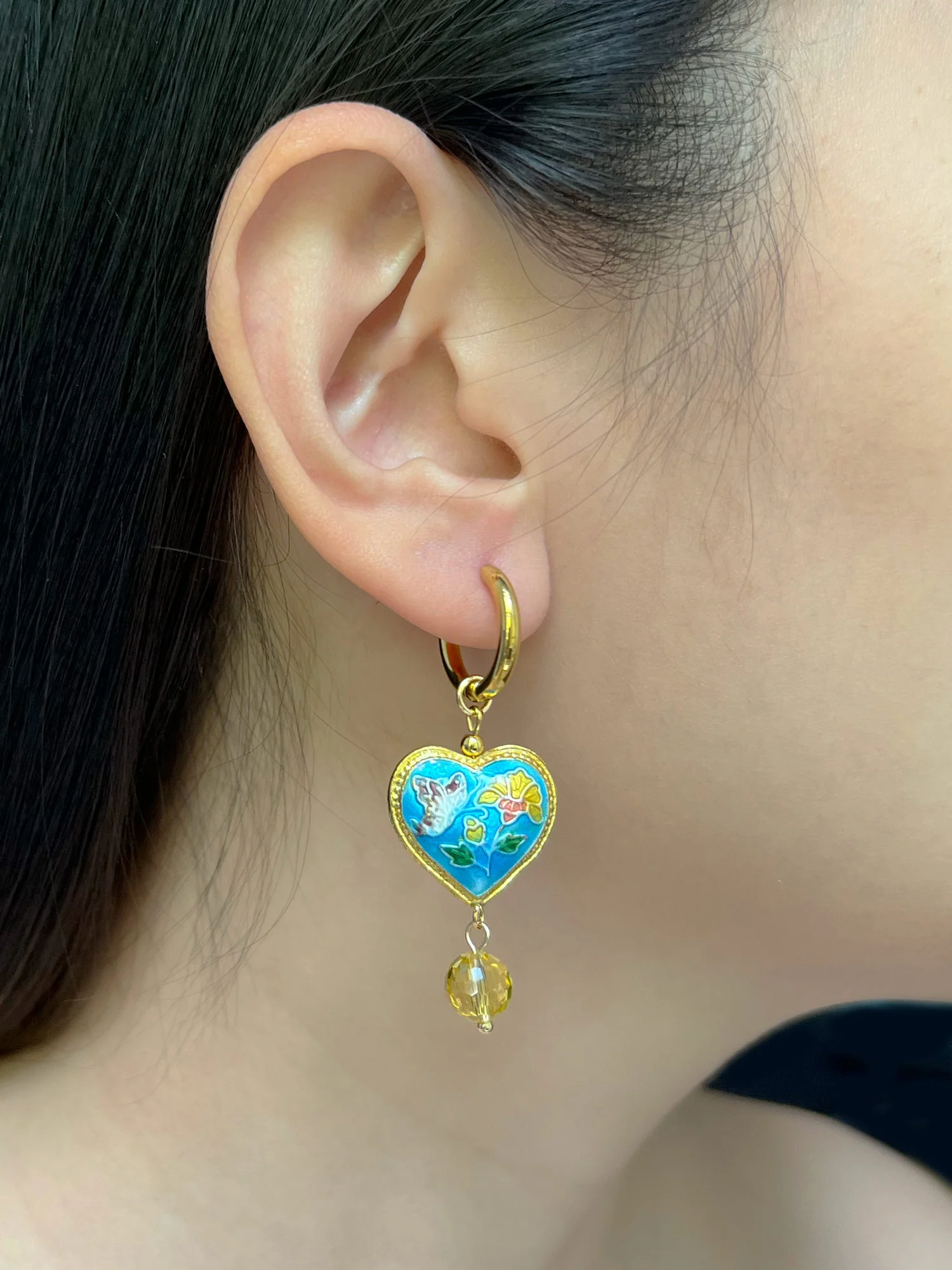 Blue Cloisonne Heart Dangling Earrings with Yellow Glass Crystal - Image 2