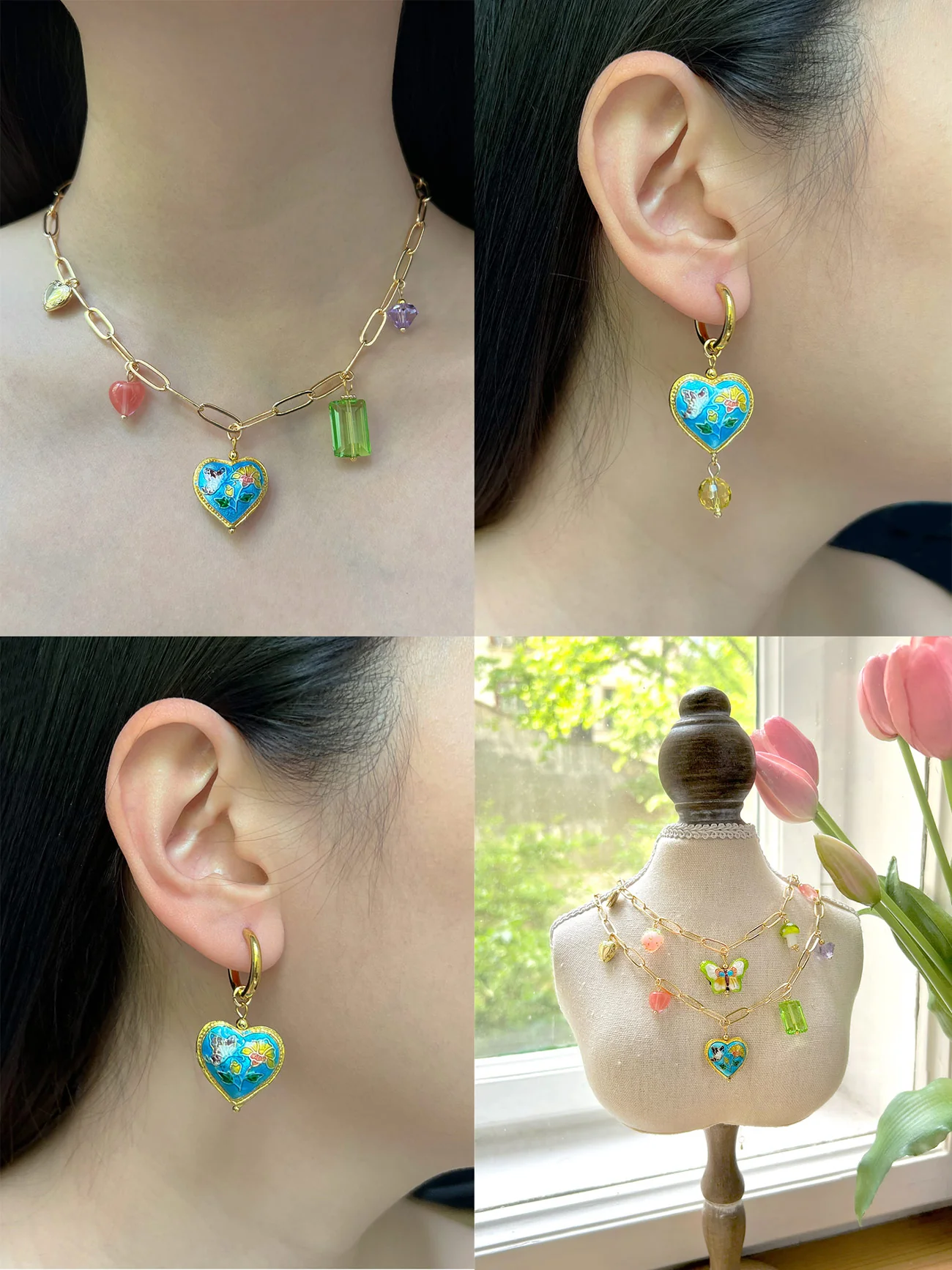 Blue Cloisonne Heart Dangling Earrings with Yellow Glass Crystal - Image 3