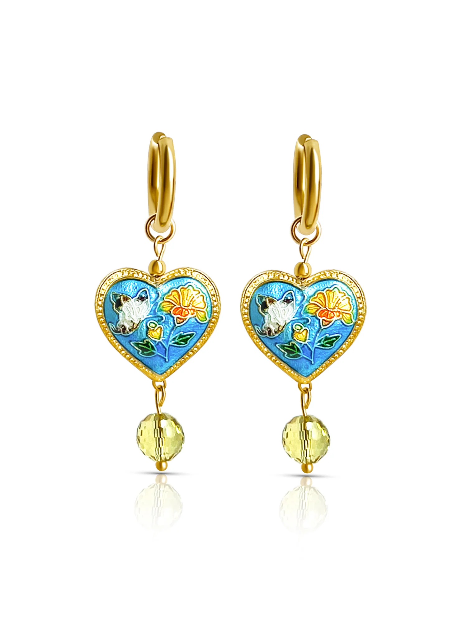 Blue Cloisonne Heart Dangling Earrings with Yellow Glass Crystal - Image 5
