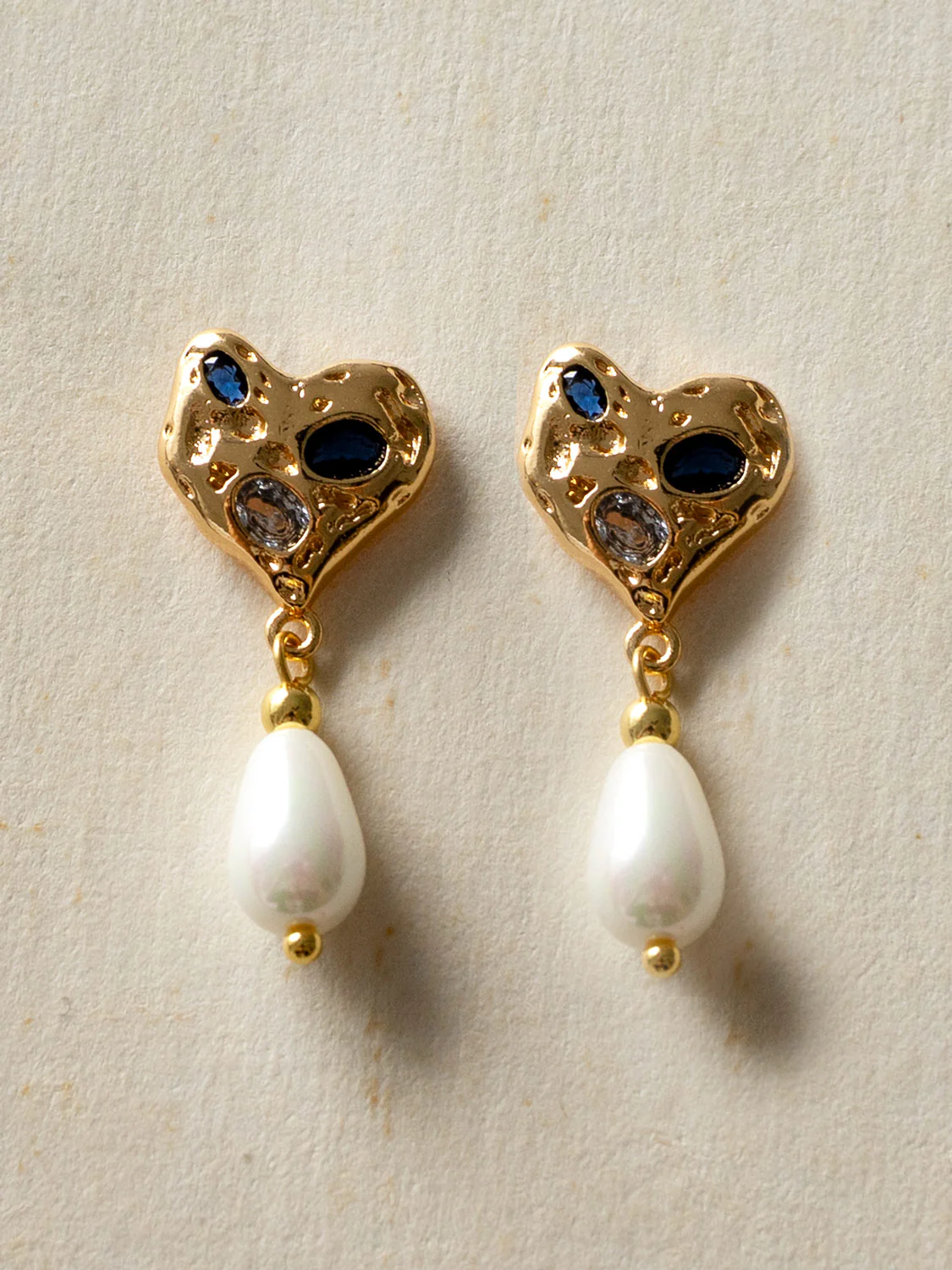 Blue Gemstones Heart Earstuds With Teardrop Pearl