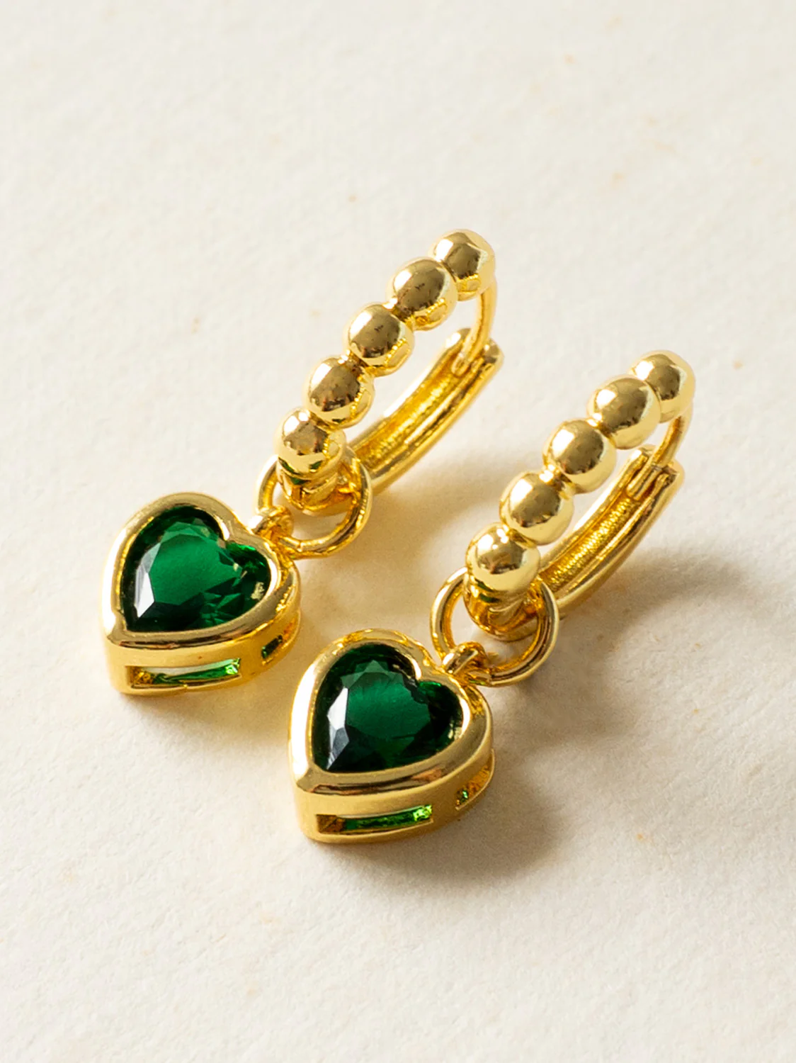 Boba Huggies with Heart Gemstone, S925 - Emerald Green, Gold - Image 2