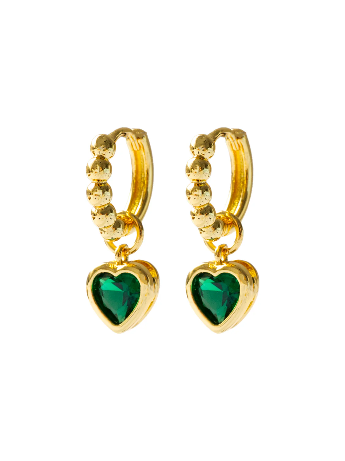 Boba Huggies with Heart Gemstone, S925 - Emerald Green, Gold - Image 4