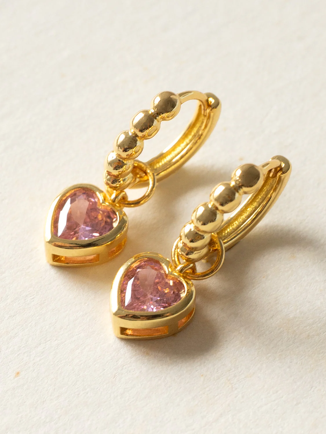 Boba Huggies with Heart Gemstone, S925 - Light Pink, Gold - Image 2