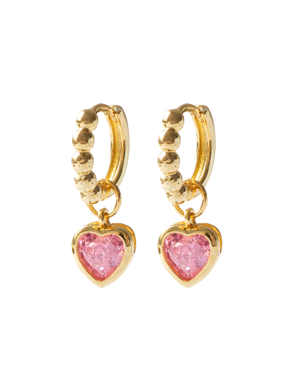 Boba Huggies with Heart Gemstone, S925 - Light Pink, Gold - Image 4