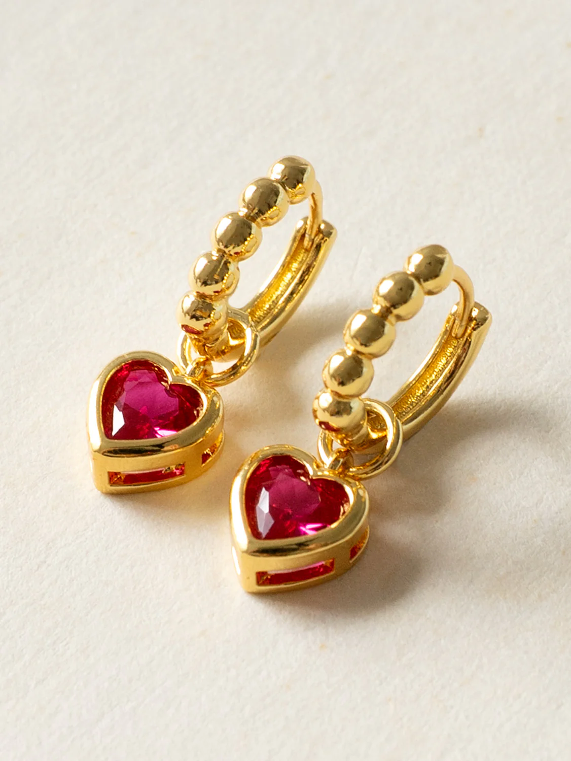 Boba Huggies with Heart Gemstone, S925 - Magenta, Gold - Image 2