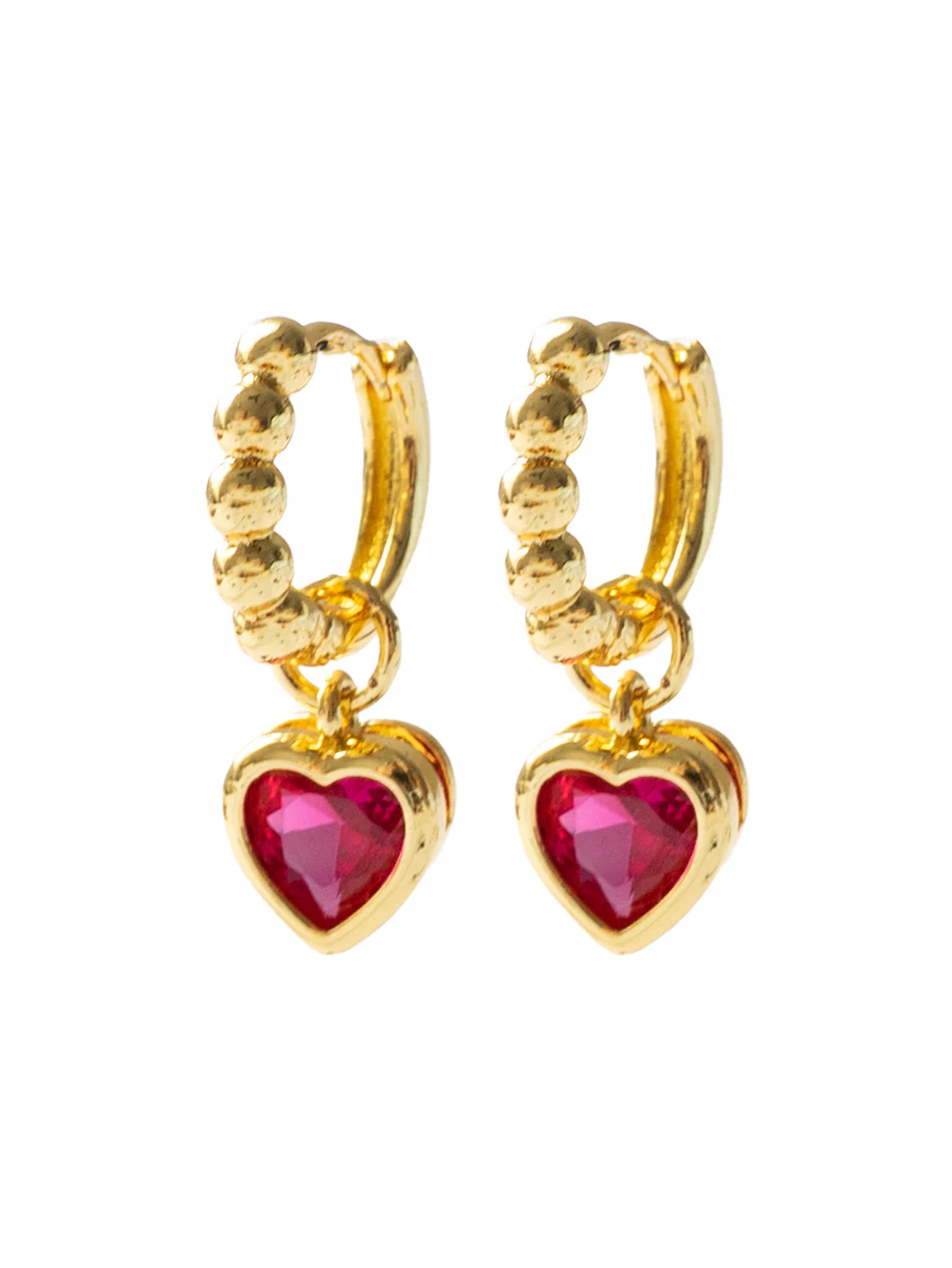 Boba Huggies with Heart Gemstone, S925 - Magenta, Gold - Image 4