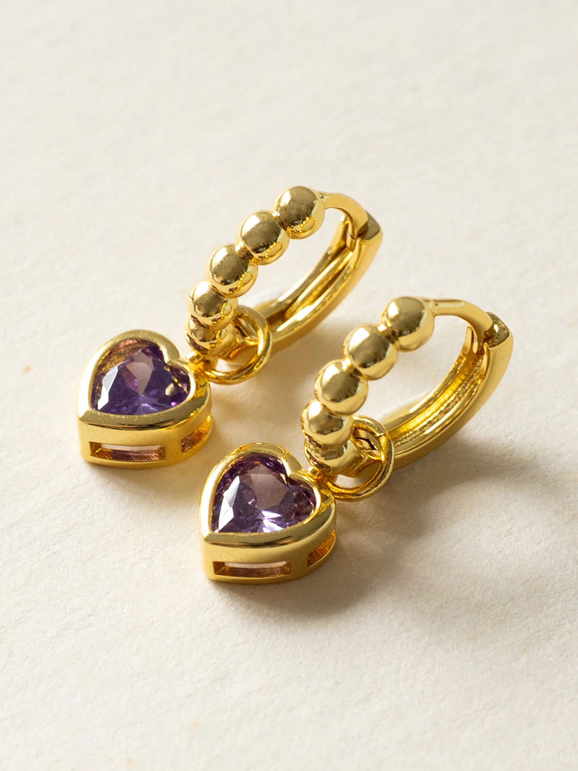 Boba Huggies with Heart Gemstone, S925 - Purple, Gold - Image 2