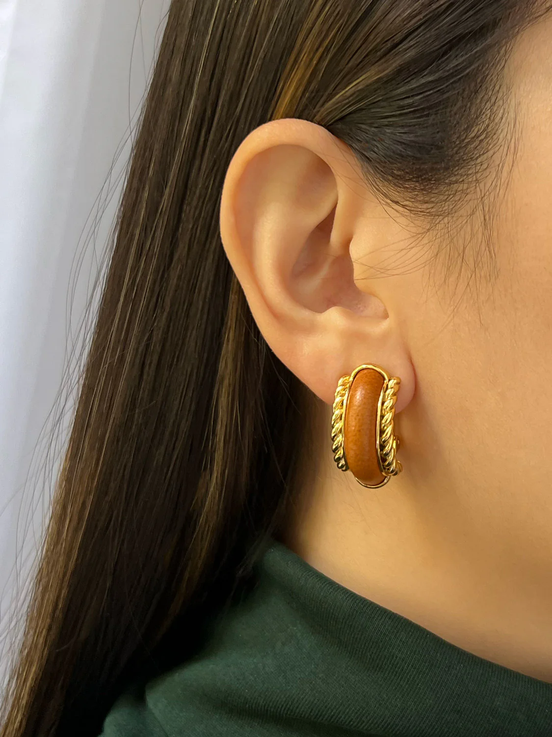 Brown Leather Gold Chain Clip-Ons (Vintage) - Image 2