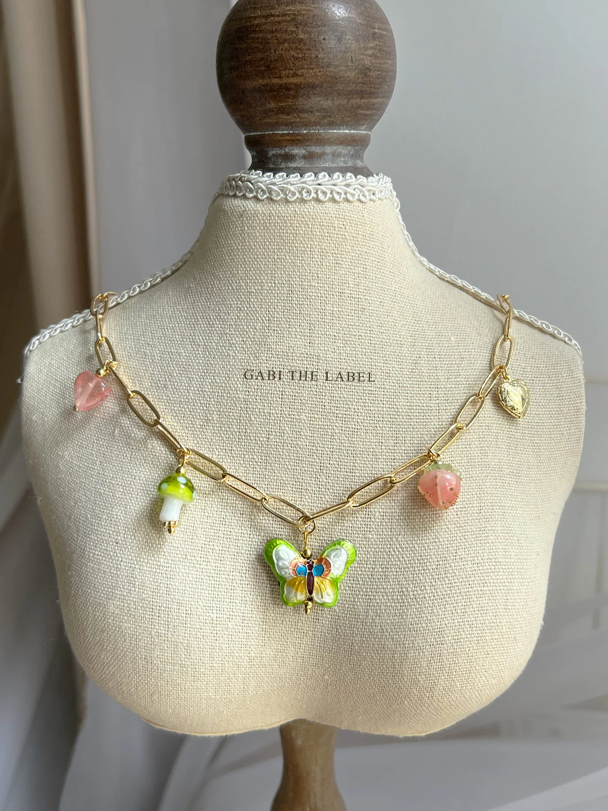 Butterfly Cloisonne Charm Necklace with Mushroom - Apple Green - Image 3