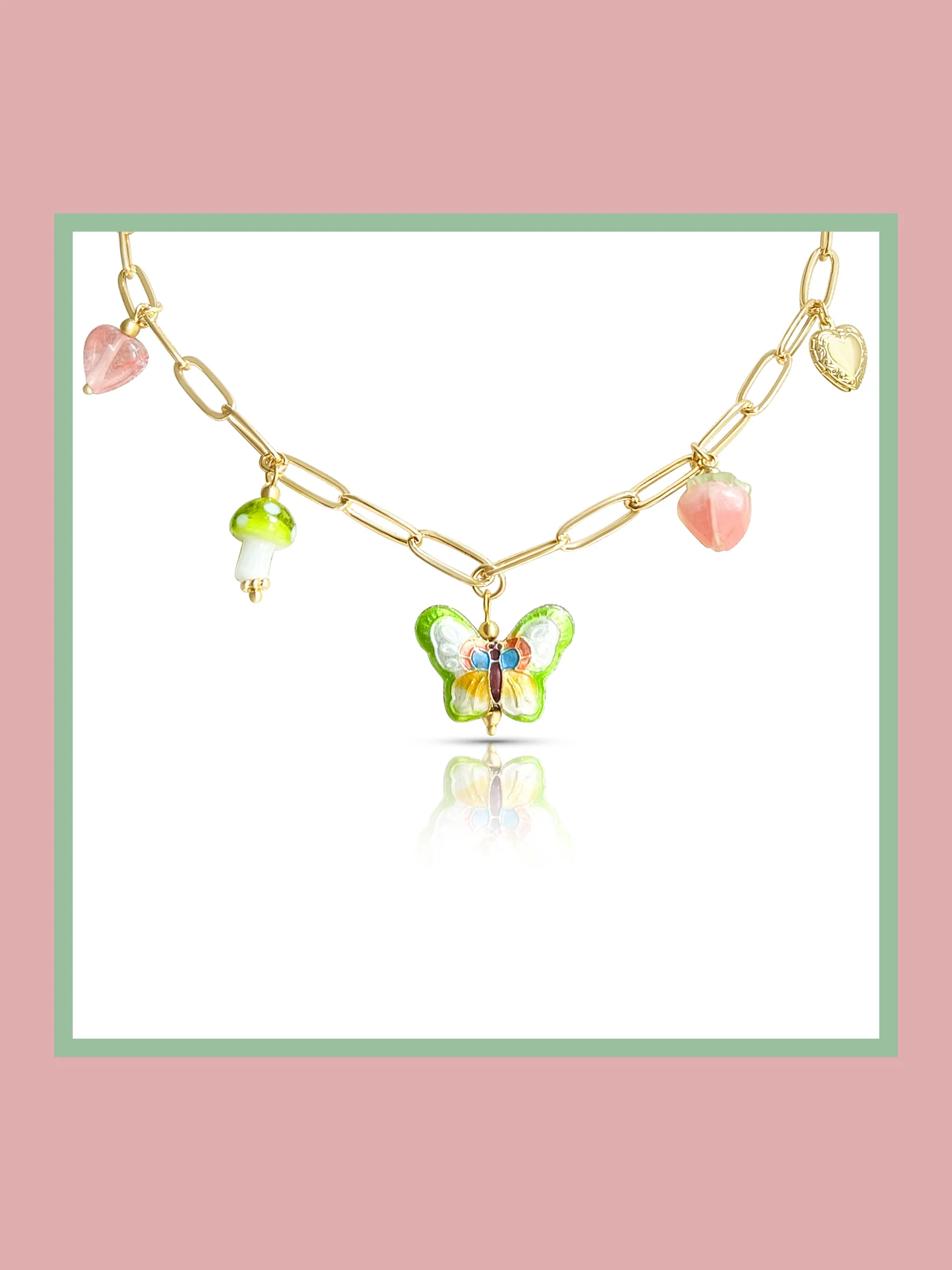 Butterfly Cloisonne Charm Necklace with Mushroom - Apple Green - Image 6