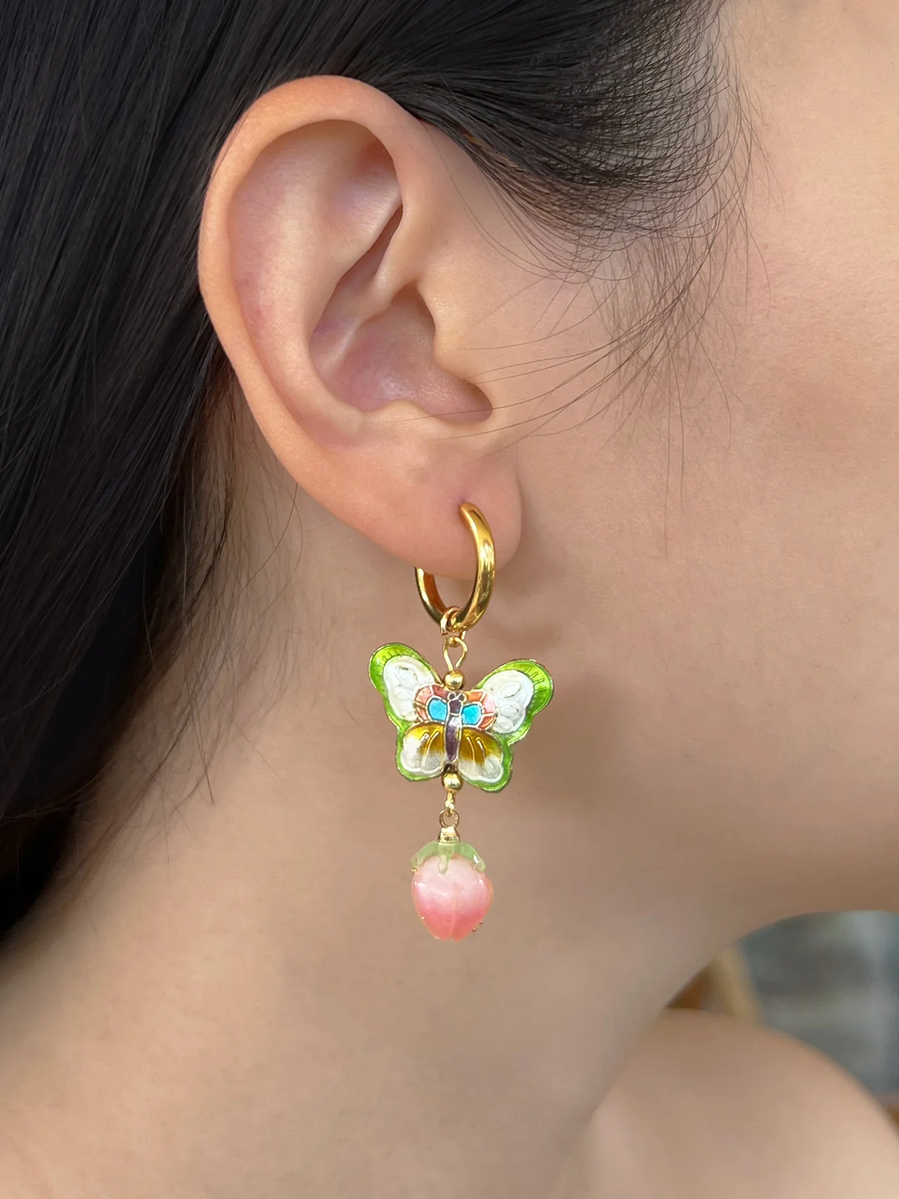 Butterfly Cloisonne Dangling Earrings - Peachy Flower Bud - Image 3