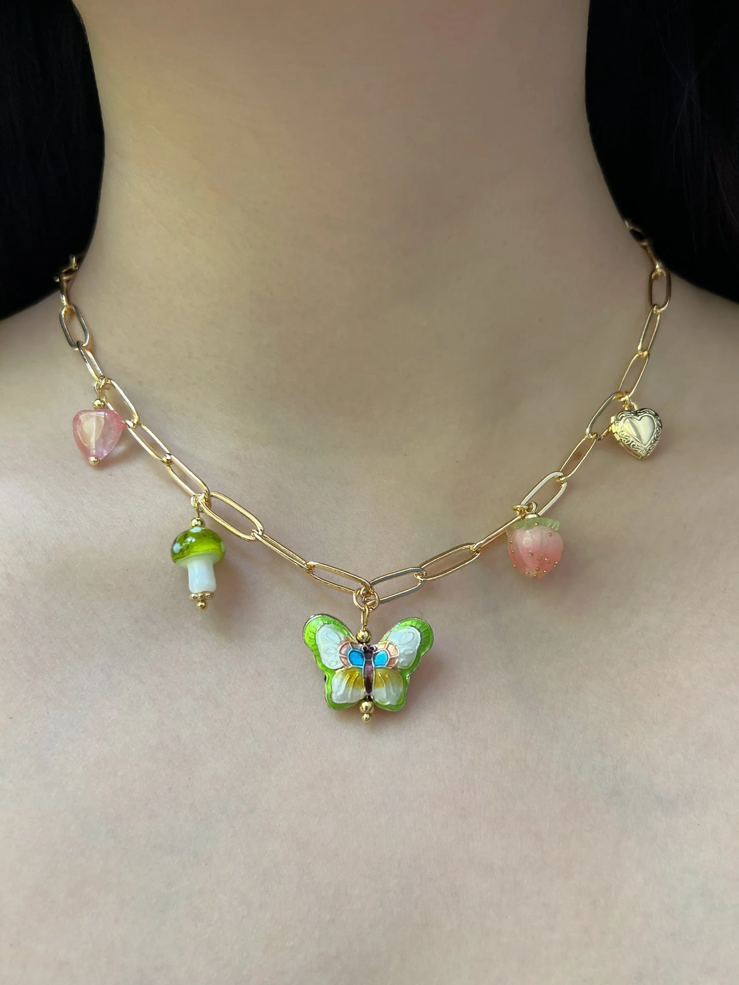 Butterfly Cloisonne Dangling Earrings - Rose Quartz/Teardrop Pearl - Image 3