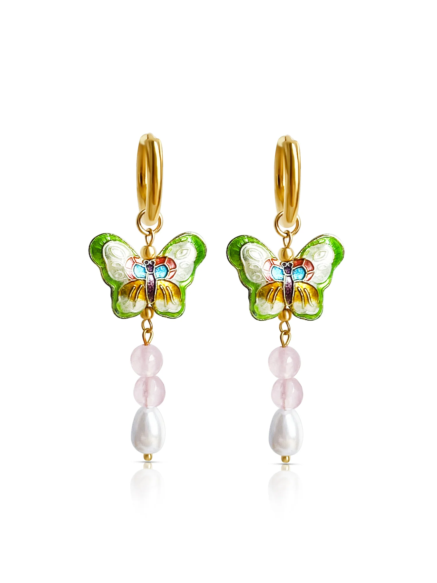 Butterfly Cloisonne Dangling Earrings - Rose Quartz/Teardrop Pearl - Image 5