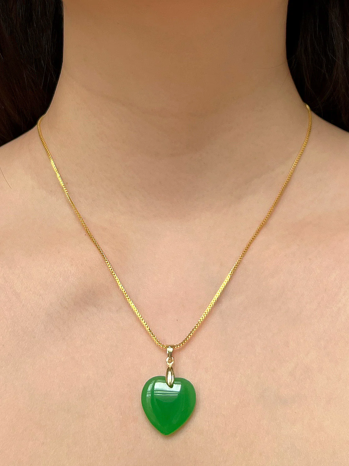 Carved Heart Jade Necklace - Gold - Image 3