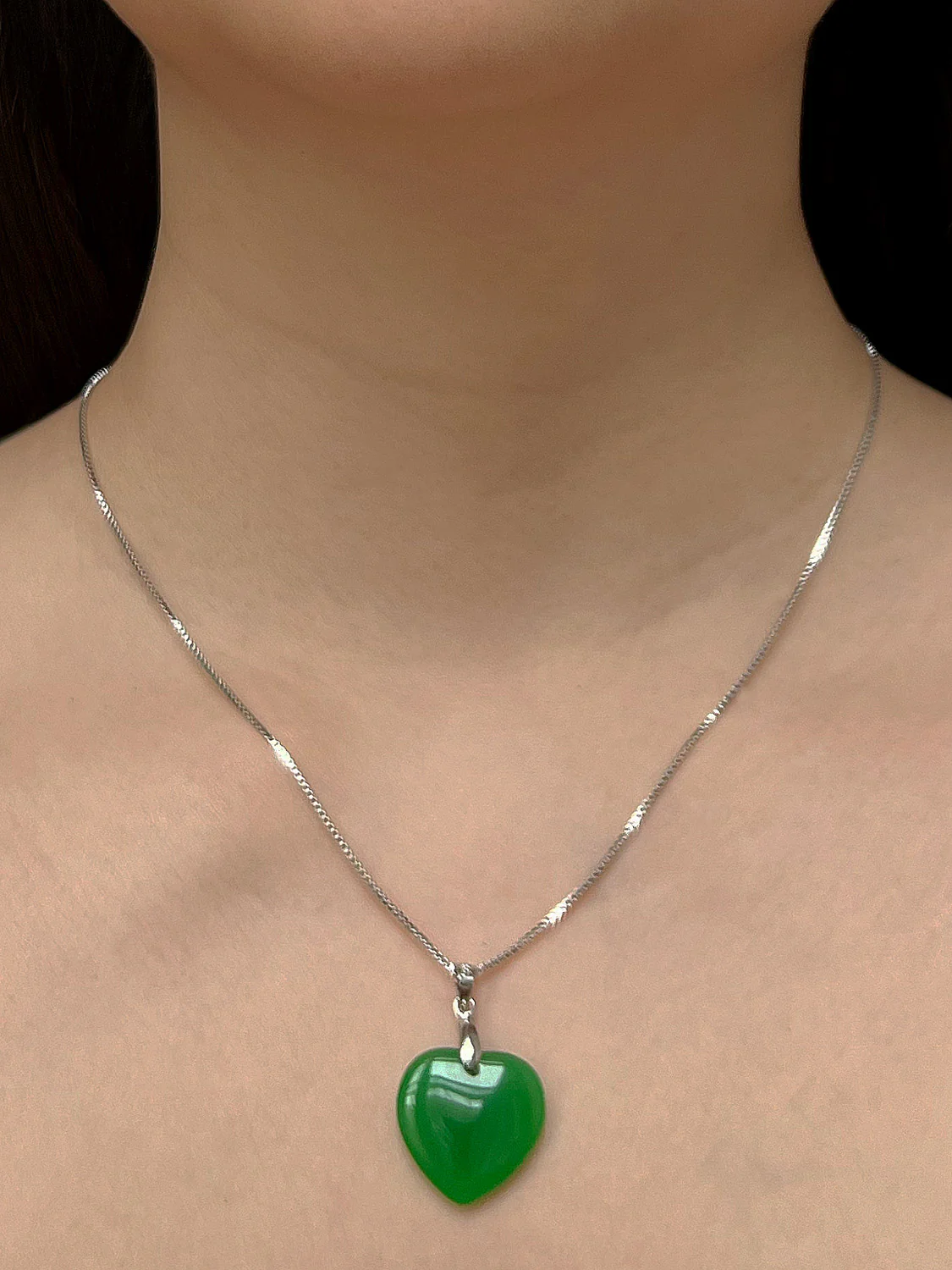 Carved Heart Jade Necklace - Silver - Image 3