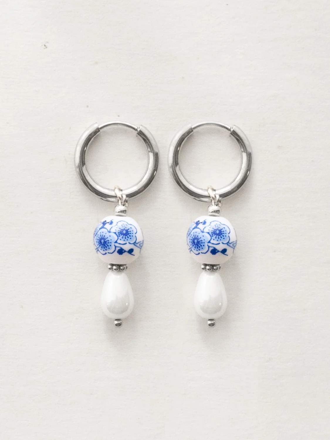 Ceramic and Pearl Hoops - Silver