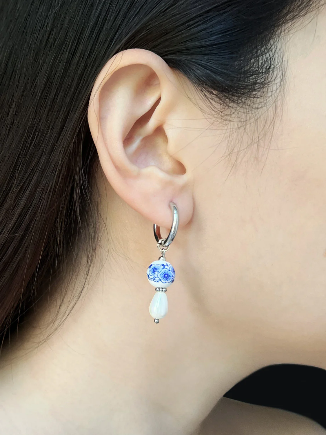 Ceramic and Pearl Hoops - Silver - Image 2