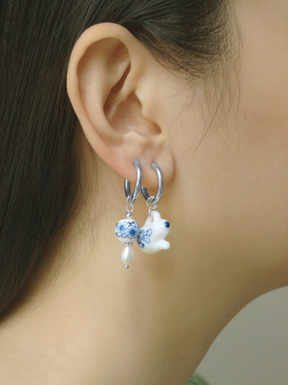 Ceramic Teapot Mismatched Hoop Earrings - Silver - Image 2