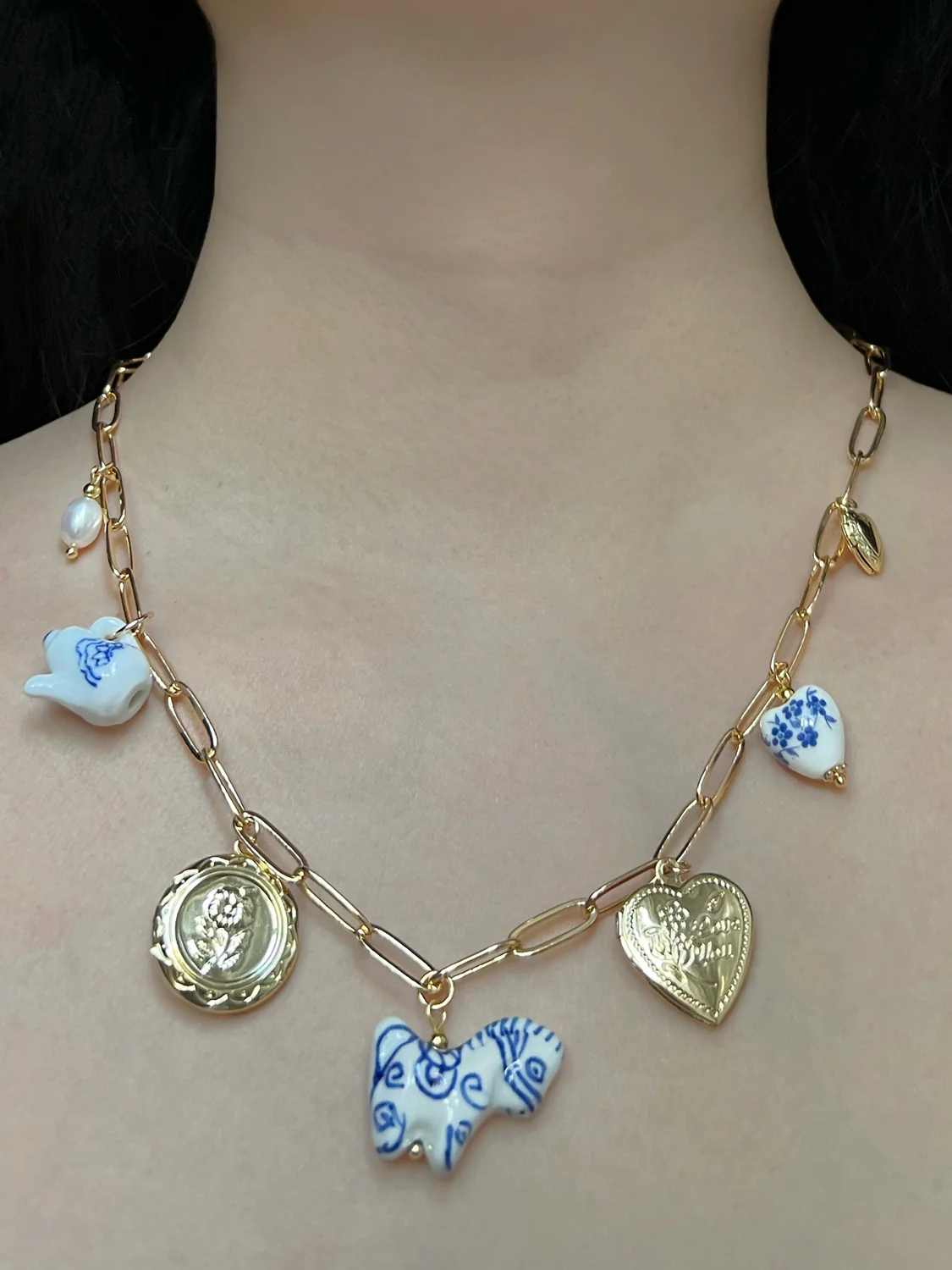 Chunky Ceramic Charm Necklace - Pony, Teapot & Jumbo Lockets - Image 3