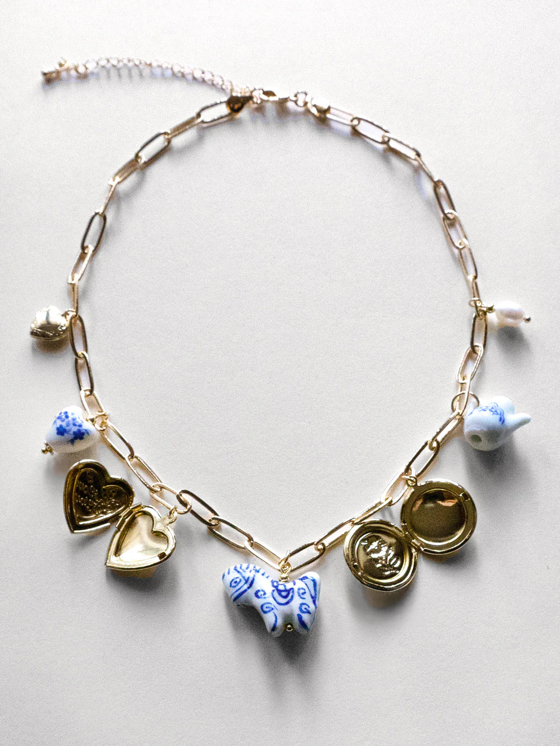 Chunky Ceramic Charm Necklace - Pony, Teapot & Jumbo Lockets - Image 4