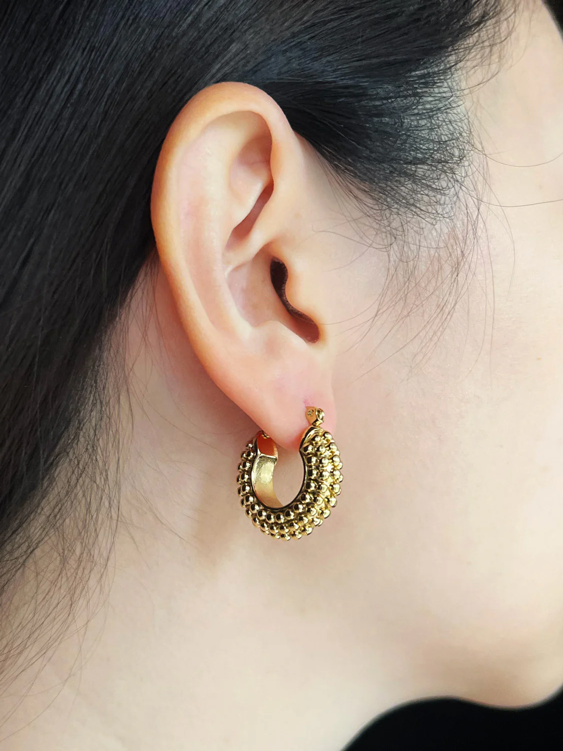 Chunky Circular-Textured Hoops - Stainless Steel, Gold - Image 3