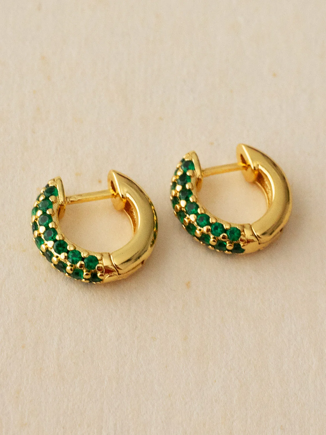 Chunky Gemstone-Encrusted Huggies, S925 - Emerald Green, Gold - Image 2