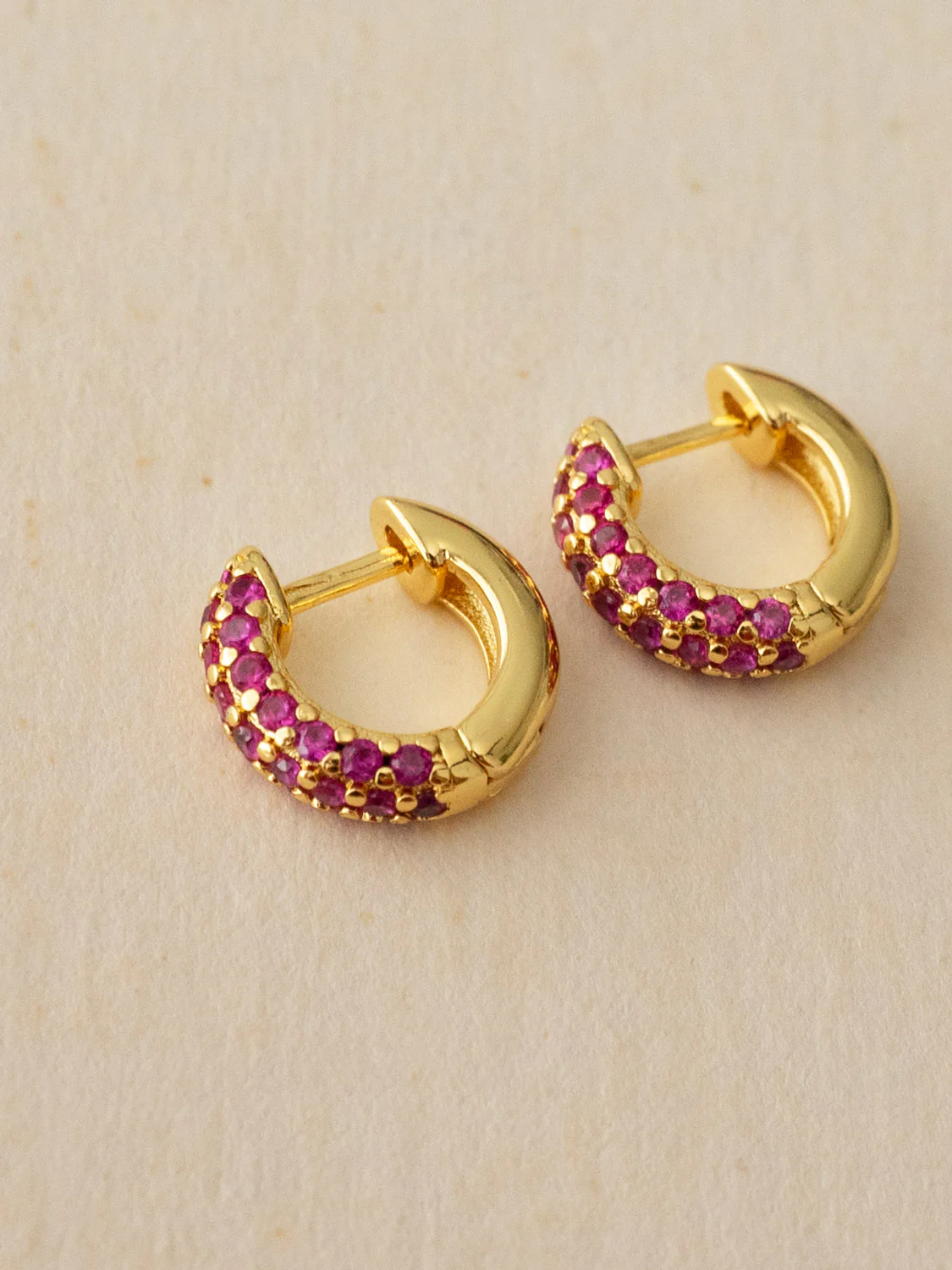 Chunky Gemstone-Encrusted Huggies, S925 - Magenta Pink, Gold - Image 2